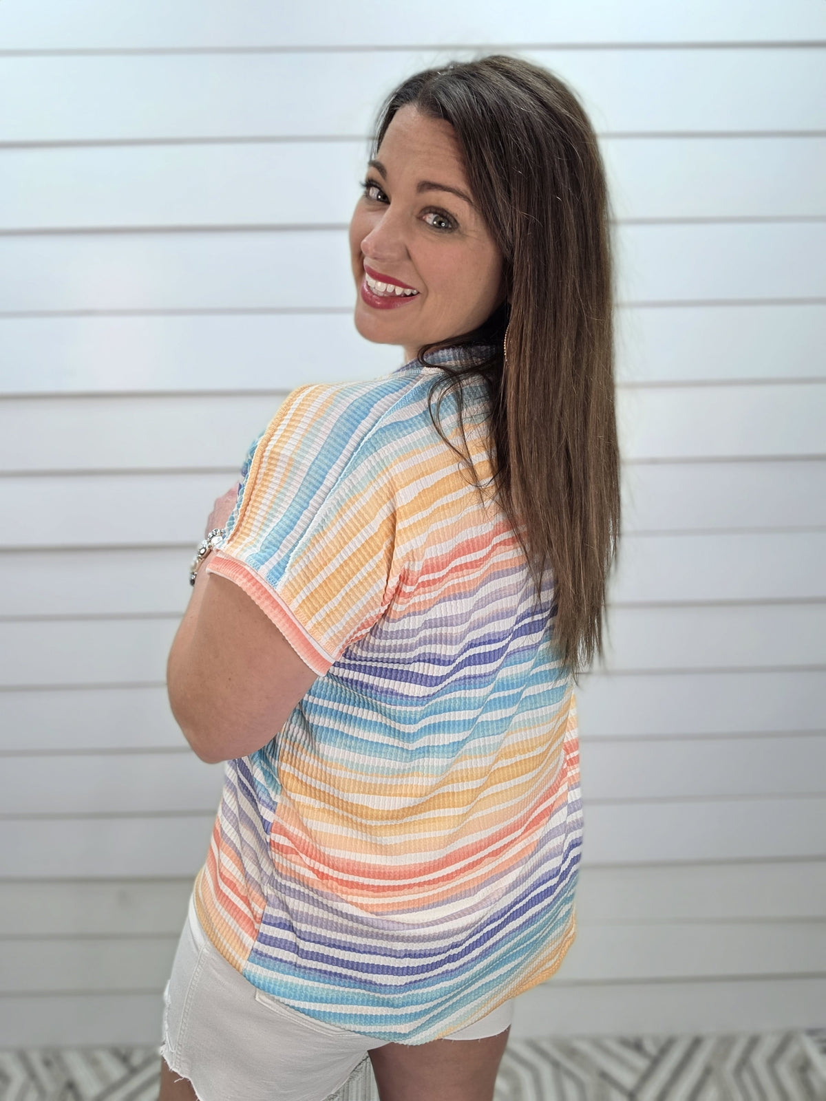 MULTI COLOR STRIPED RAISED RIBBED KNIT TOP