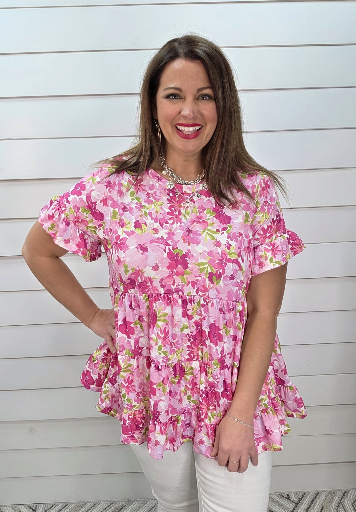 FUCHSIA FLORAL LOOSE FIT TIERED BUTTER SOFT TOP