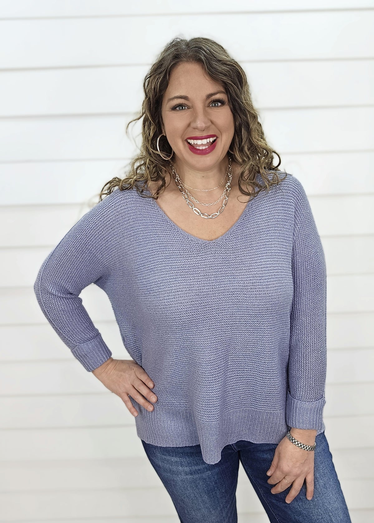 SLATE BLUE V NECK SLOUCH SWEATER W/ ROLLED SLEEVE