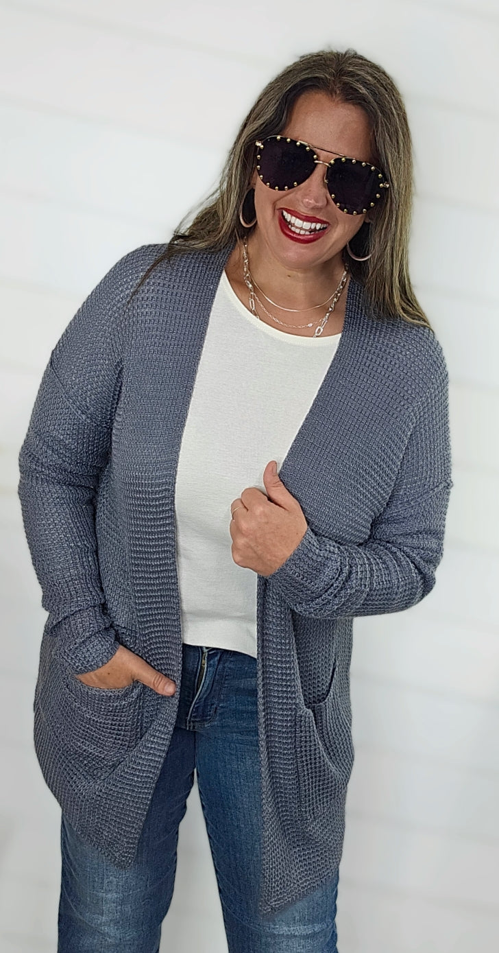 GREY LIGHT WEIGHT WAFFLE CARDIGAN