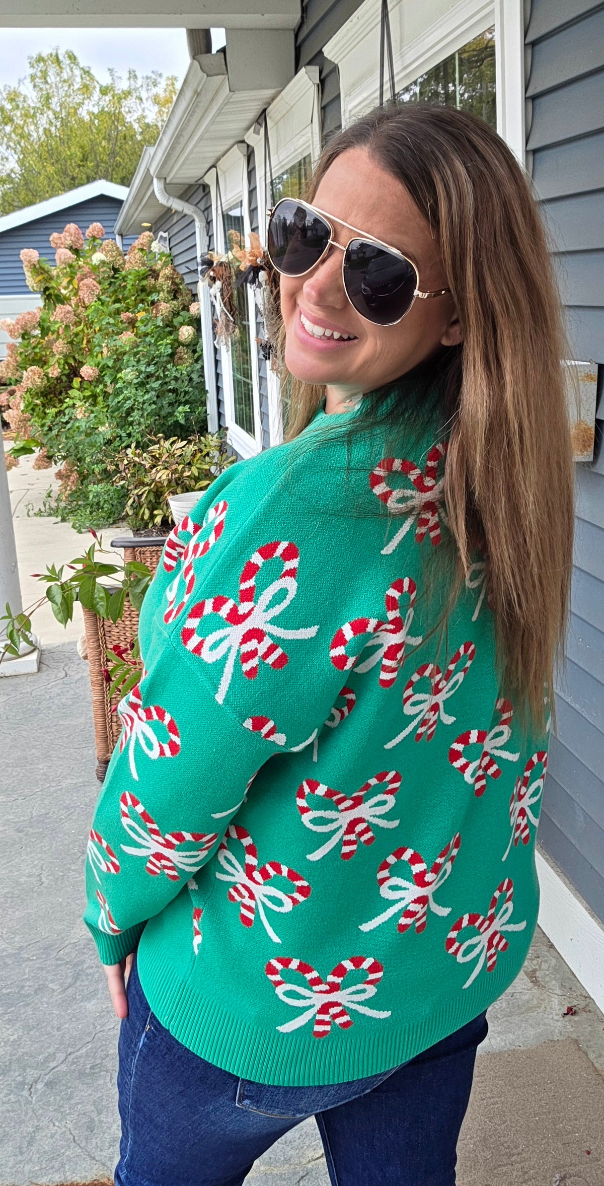 GREEN CANDY CANE Jacquarded, Crew Neck SWEATER