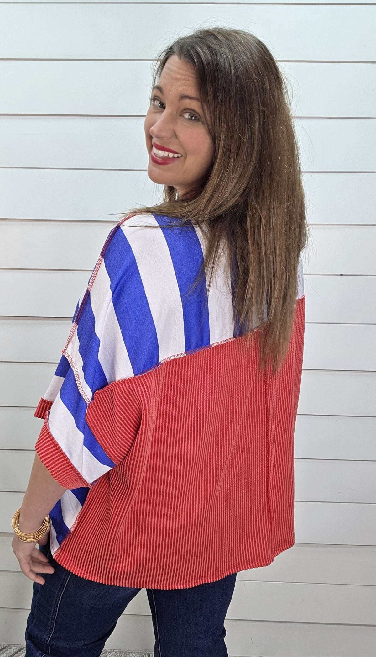 BLUE/WHITE STRIPED W/ RED RAISED RIBBED TRIM KNIT OVERSIZED TOP