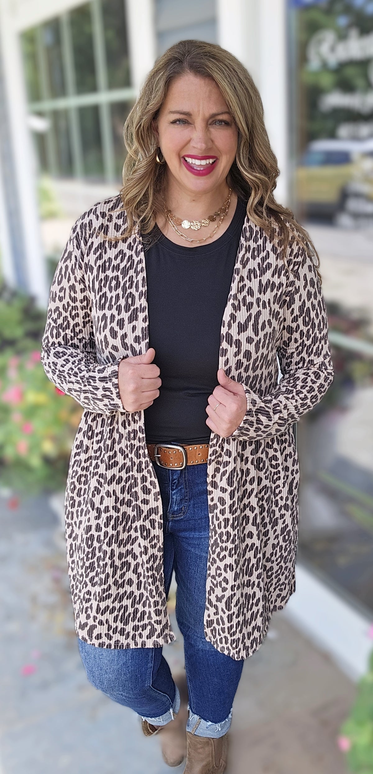 TAUPE ANIMAL RASIED RIBBED MID LENGTH CARDIGAN
