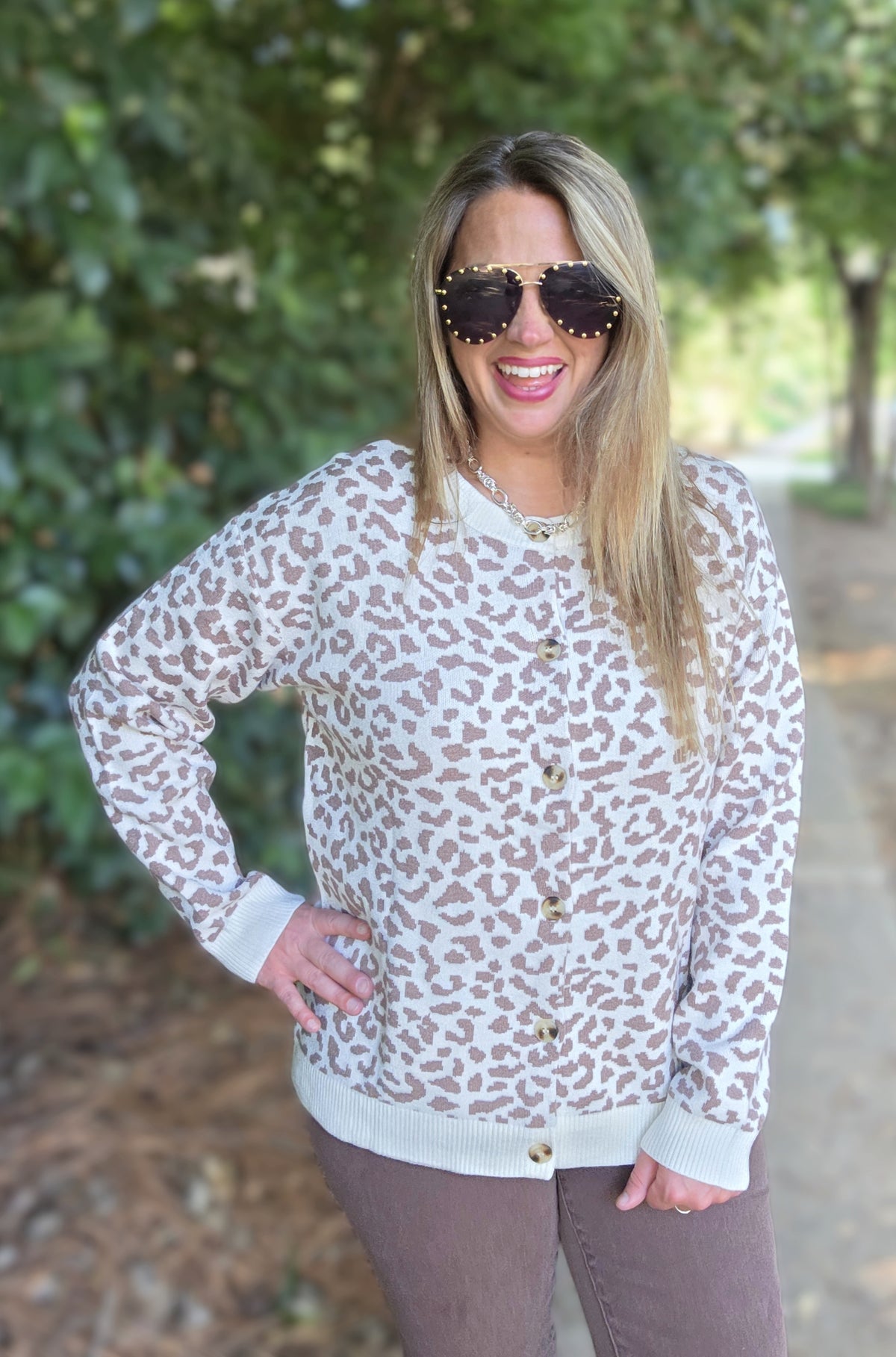 BROWN/CREAM ANIMAL PRINT BUTTON DOWN SWEATER CARDIGAN