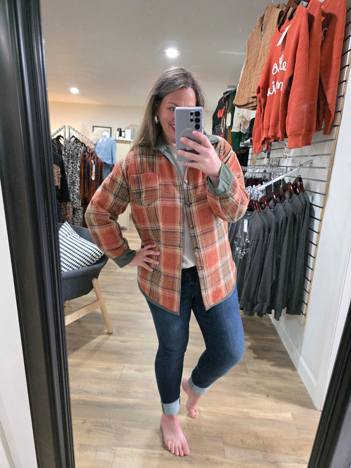 OLIVE CORD/RUST PLAID REVERSIABLE SHACKET