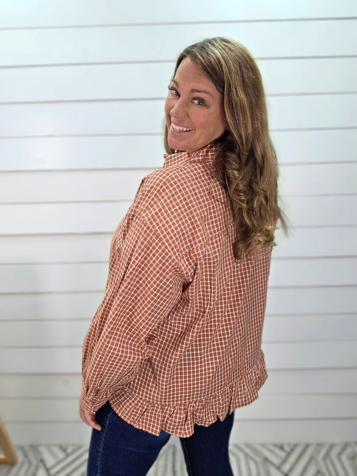 CHESTNUT PLAID BUTTON DOWN RUFFLE TOP