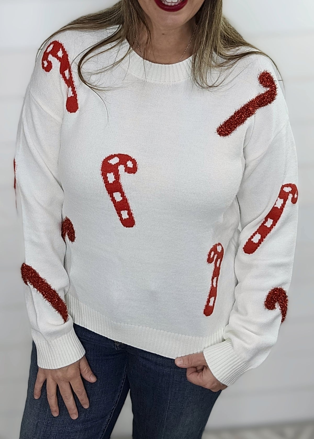 IVORY CANDY CANE CREW NECK PULLOVER SWEATER