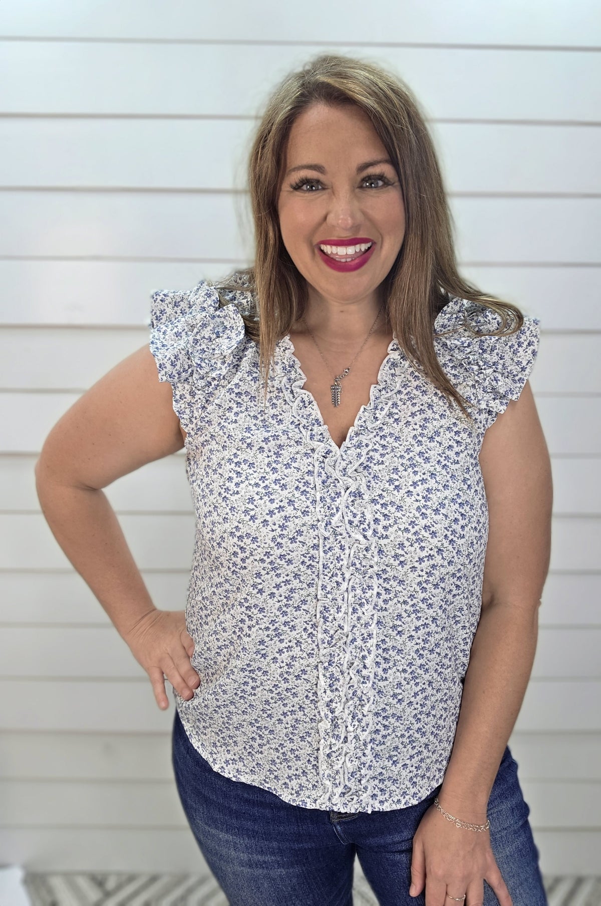 BLUE FLORAL Printed V-Neck Ruffle Cap Sleeve Blouse