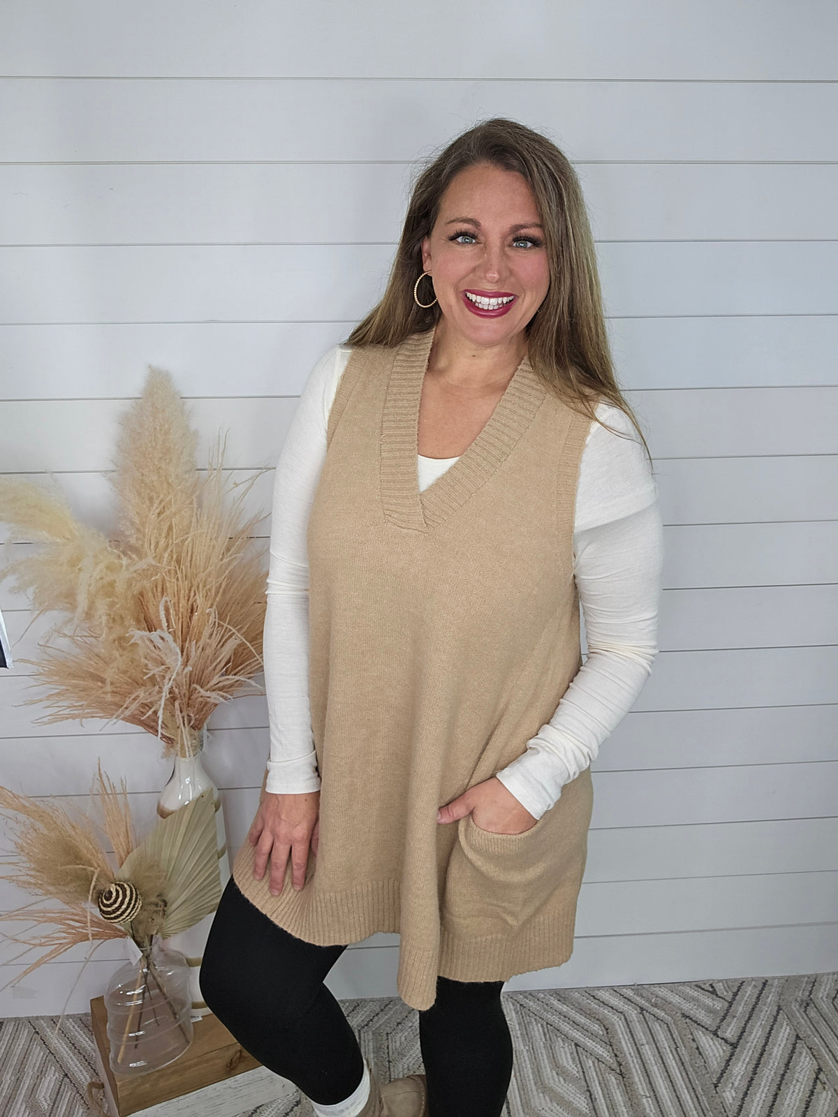 TAUPE OVERSIZED SWEATER VEST TUNIC W/ POCKETS