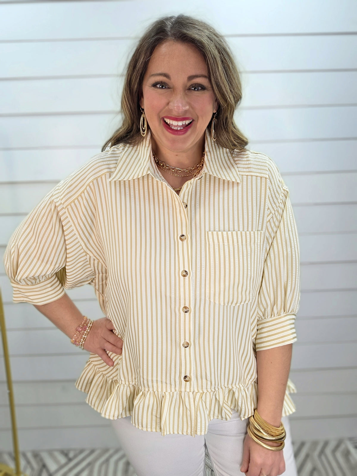 TAUPE STRIPED BUTTON DOWN RUFFLE TOP