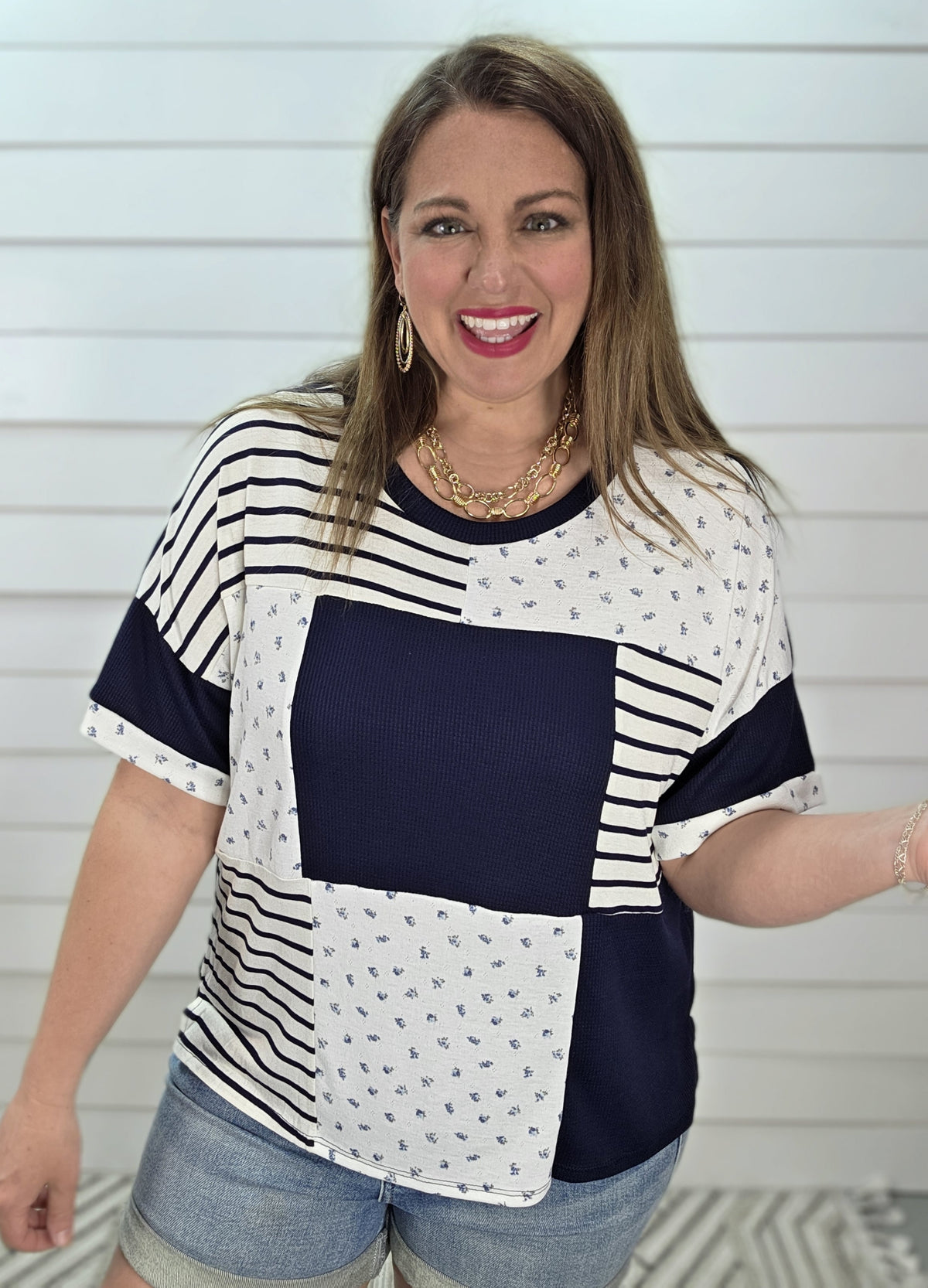 NAVY/WHITE PATCHWORK KNIT TOP