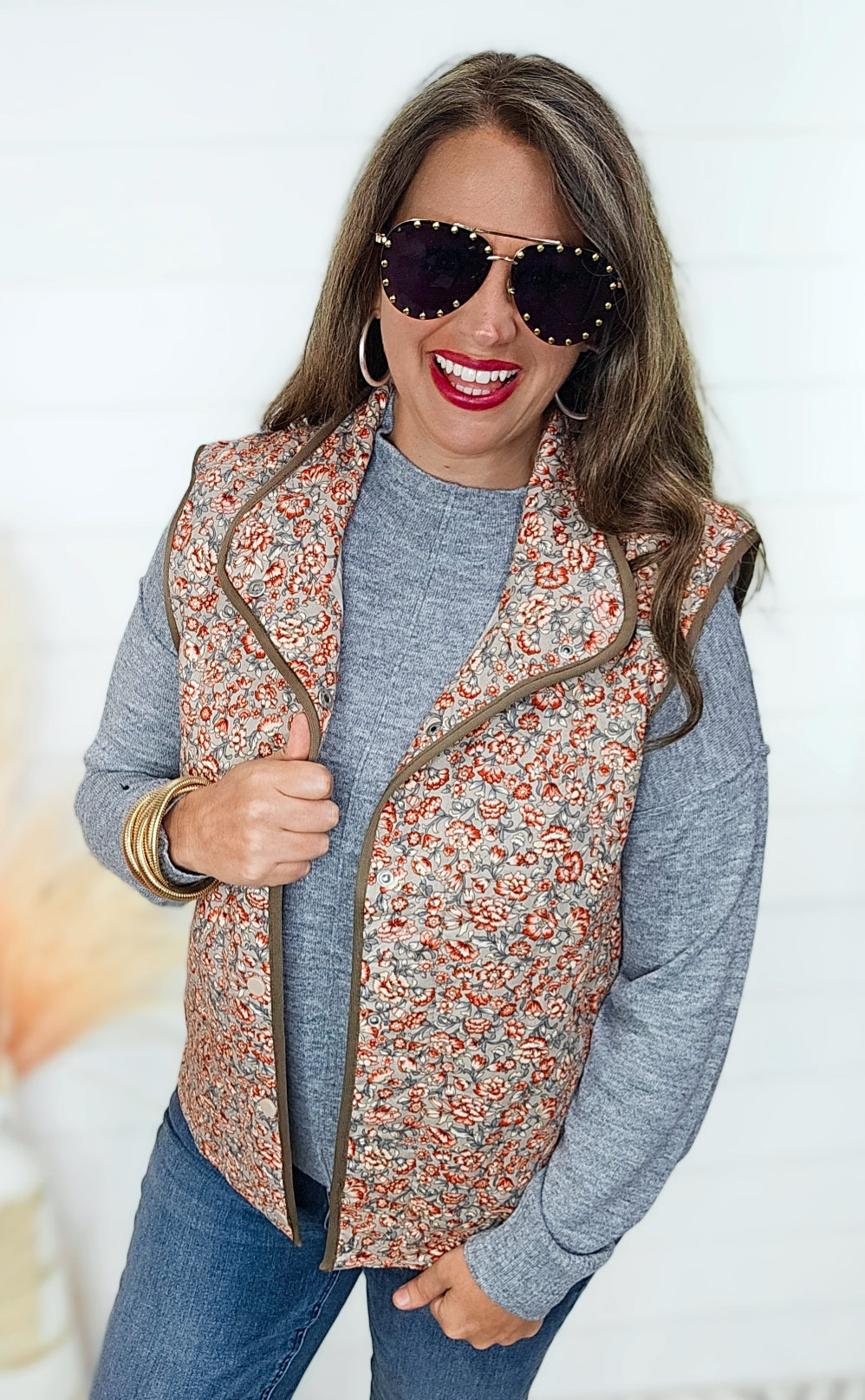 TAUPE/RUST FLORAL SNAP BUTTON VEST