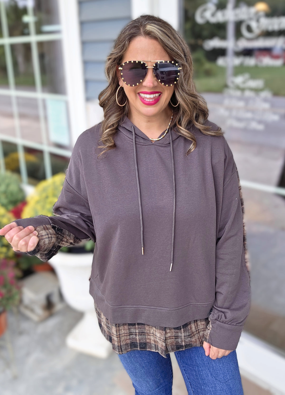 CHARCOAL/BROWN PLAID CONTRAST FRENCH TERRY HOODIE