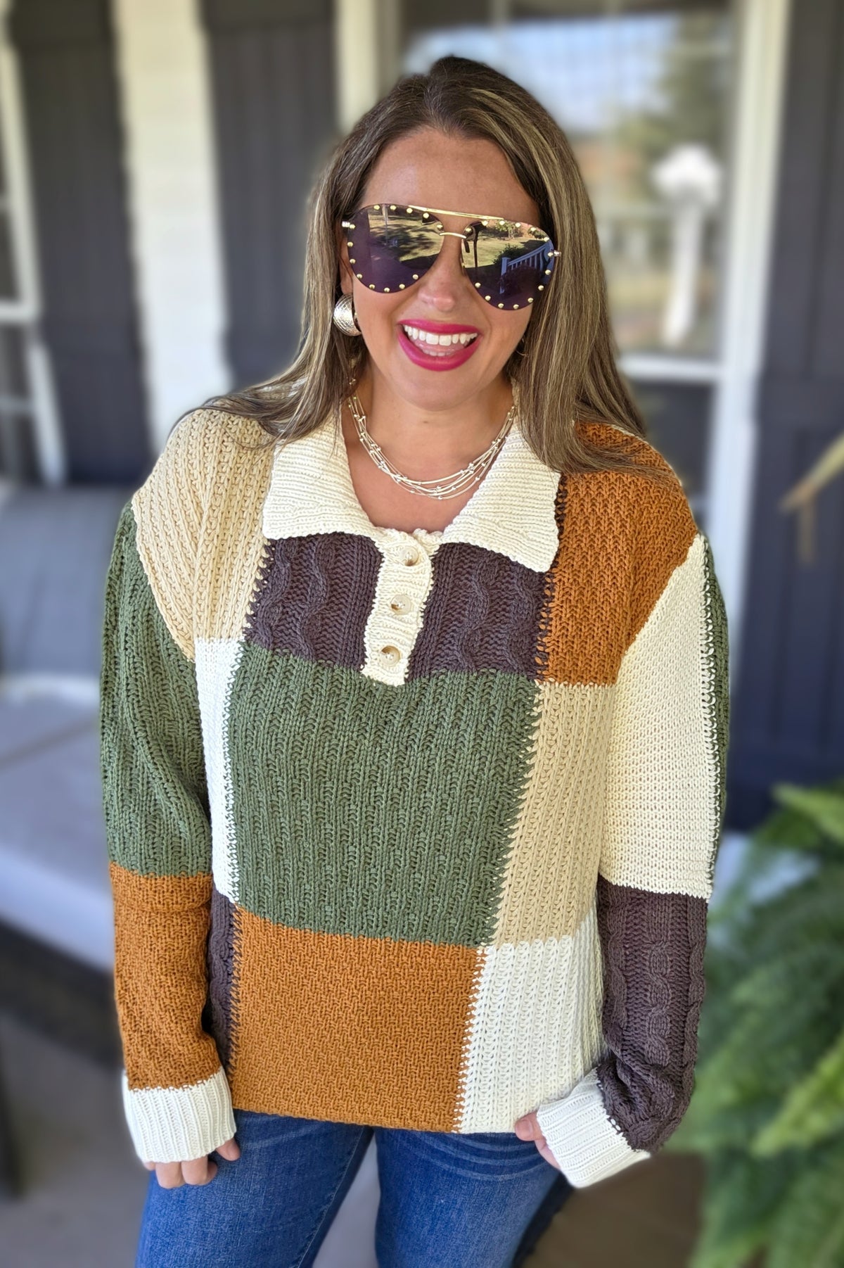 OLIVE/IVORY/CAMEL KNIT BLOCK BUTTON TRIM SWEATER
