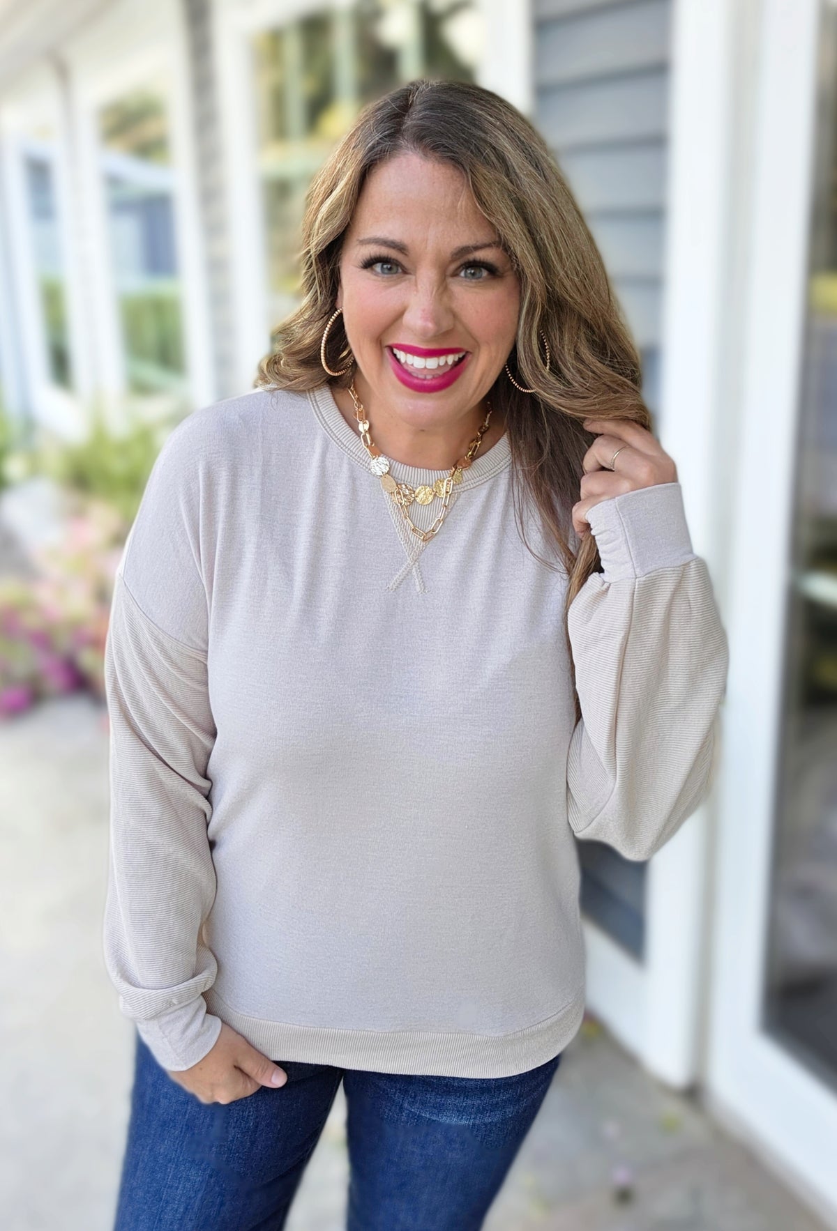 BEIGE FABRIC CONTRAST KNIT TOP