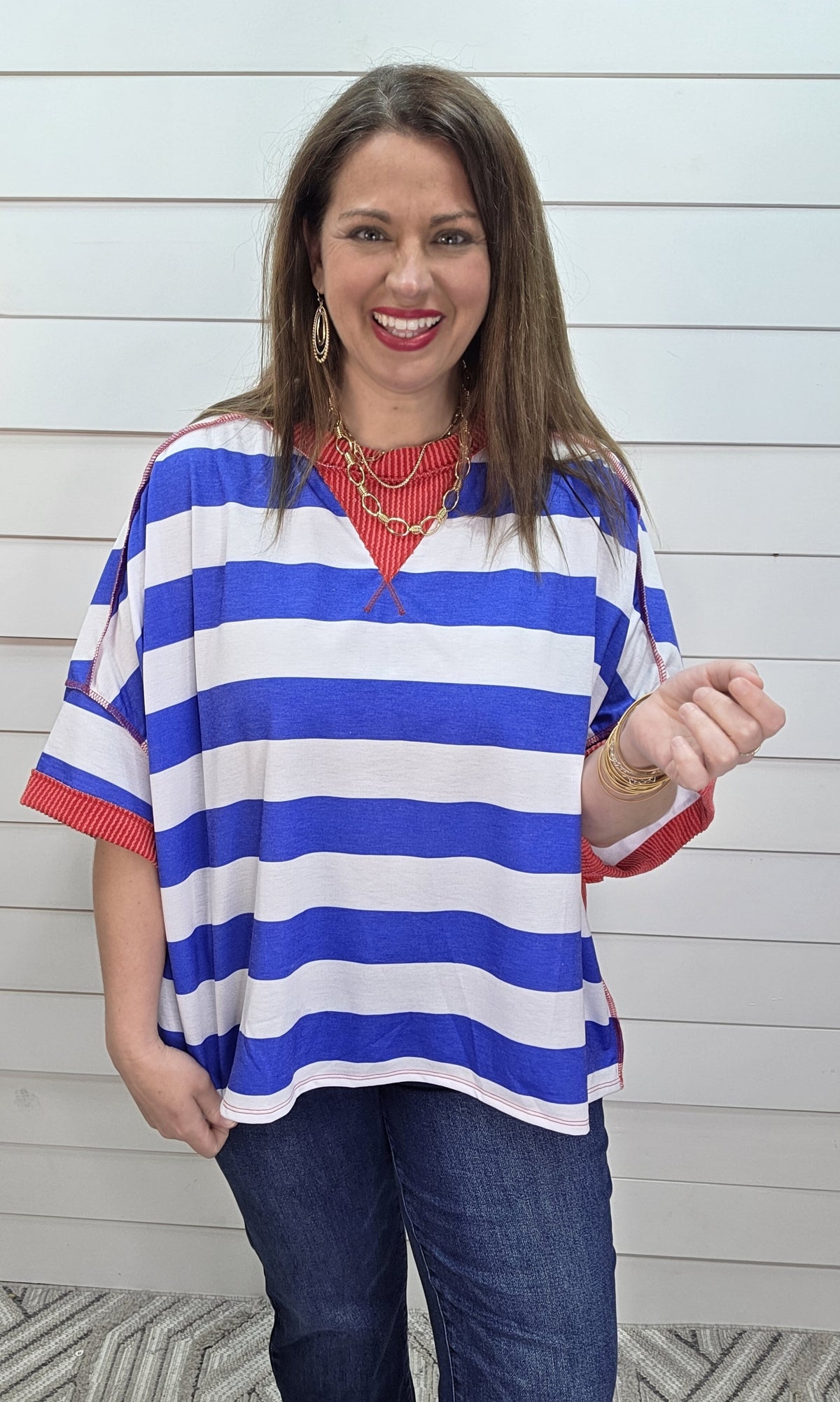 BLUE/WHITE STRIPED W/ RED RAISED RIBBED TRIM KNIT OVERSIZED TOP
