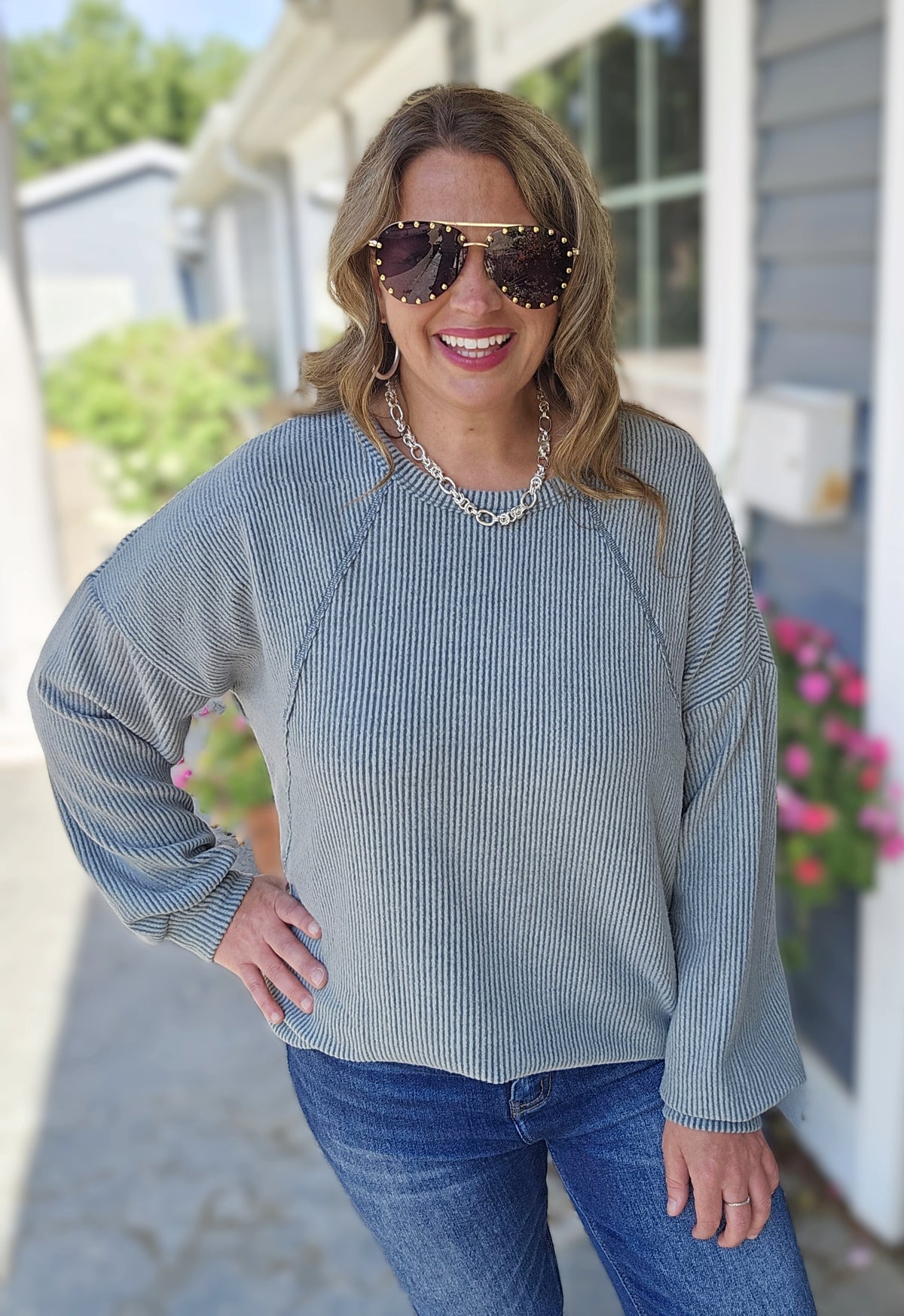 OLIVE BRUSHED RIBBED KNIT LONG SLEEVE TOP