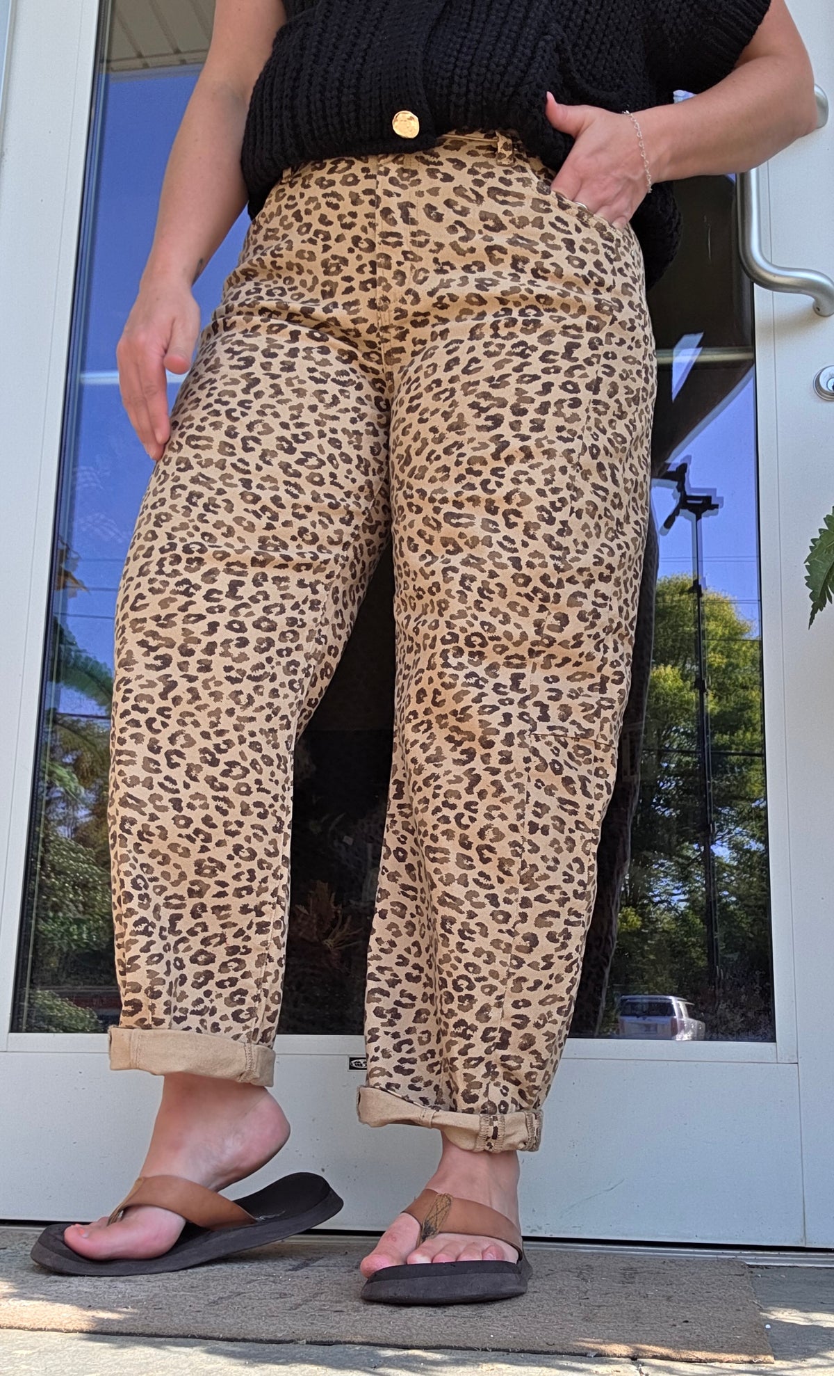 RISEN CAMEL LEOPARD MID RISE BARREL JEAN