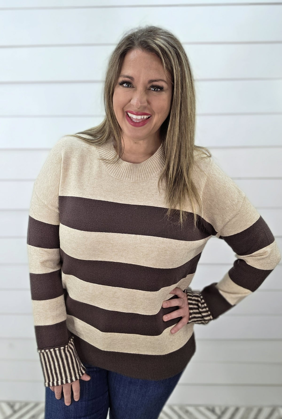 CHOCOLATE/MOCHA STRIPED CONTRAST LIGHT WEIGHT SWEATER
