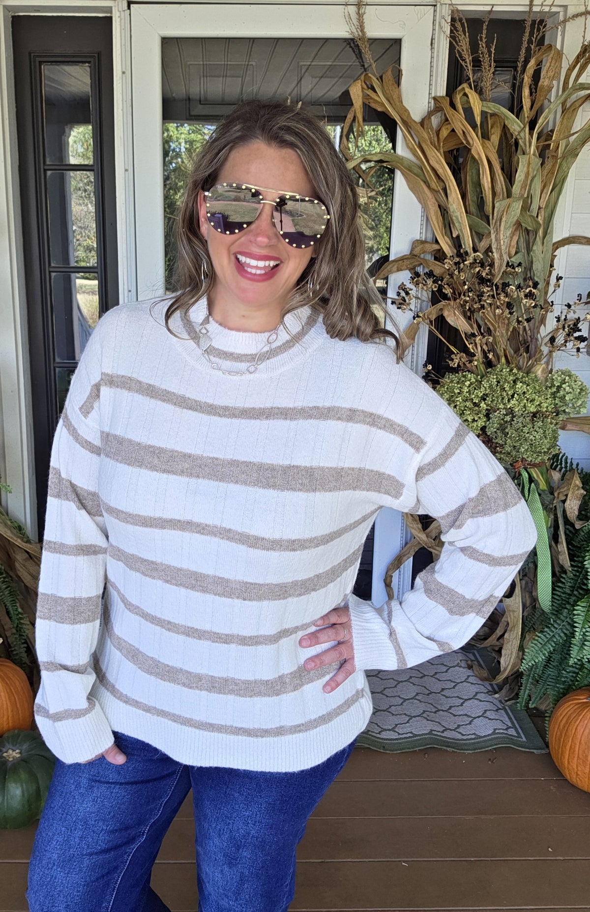 CREAM/TAUPE STRIPED MOCK NECK PULLOVER SWEATER
