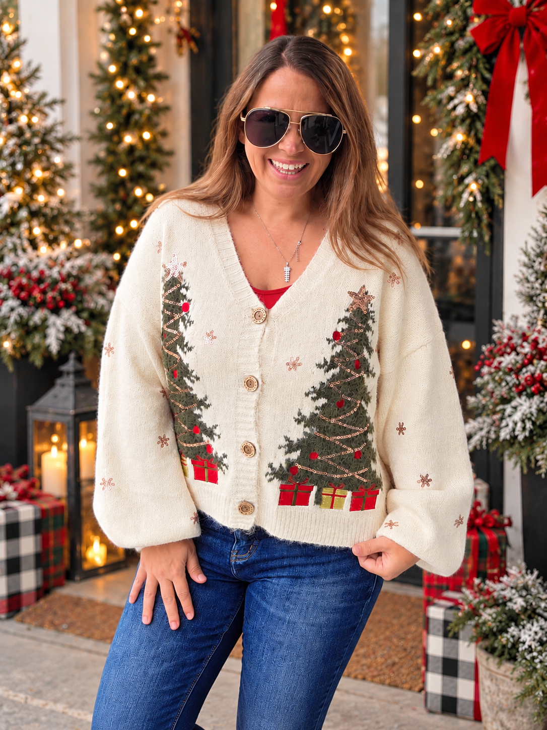 IVORY CHRISTMAS TREE V NECK BUTTON OVERSIZED CARDIGAN