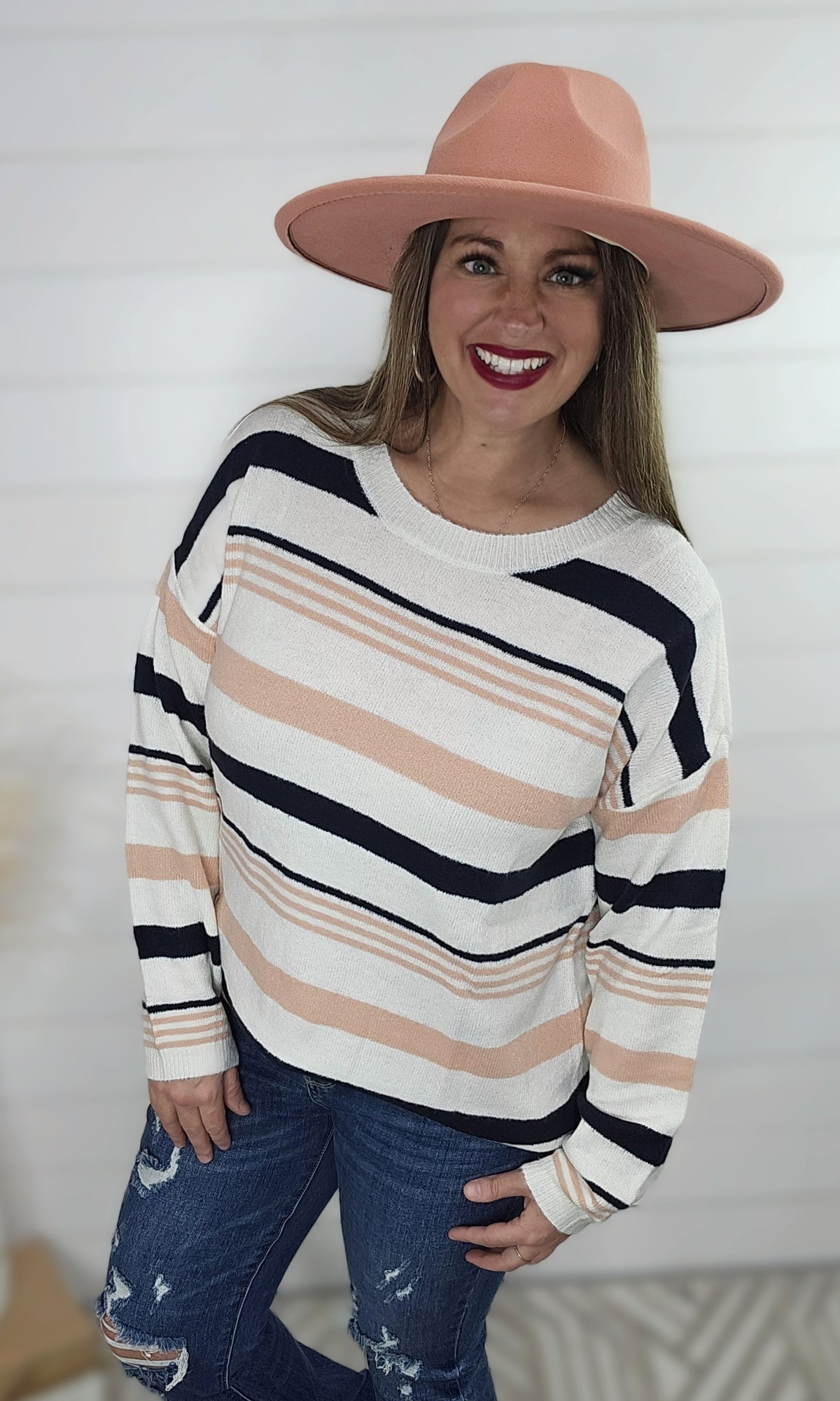 NAVY/PINK STRIPED SOFT KNIT SWEATER