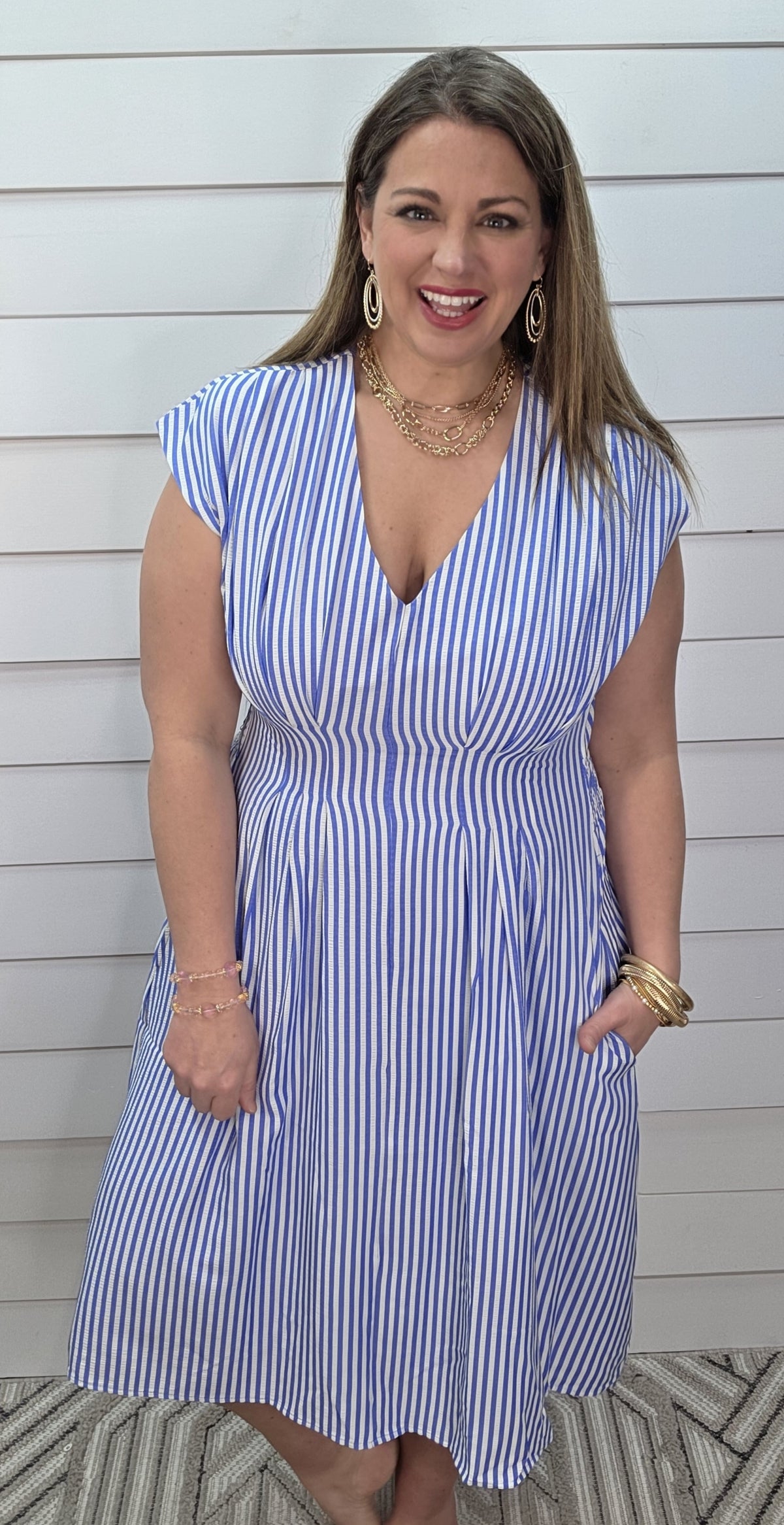 BLUE STRIPED V NECK PLEATED WOVEN DRESS W/ BACK SMOCKING