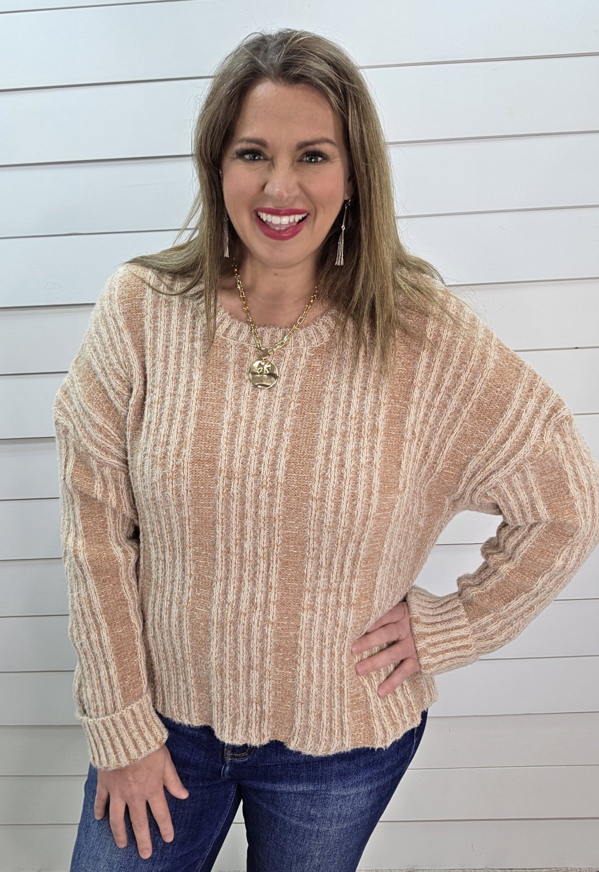 MOCHA FUZZY KNIT TEXTURED PULLOVER SWEATER