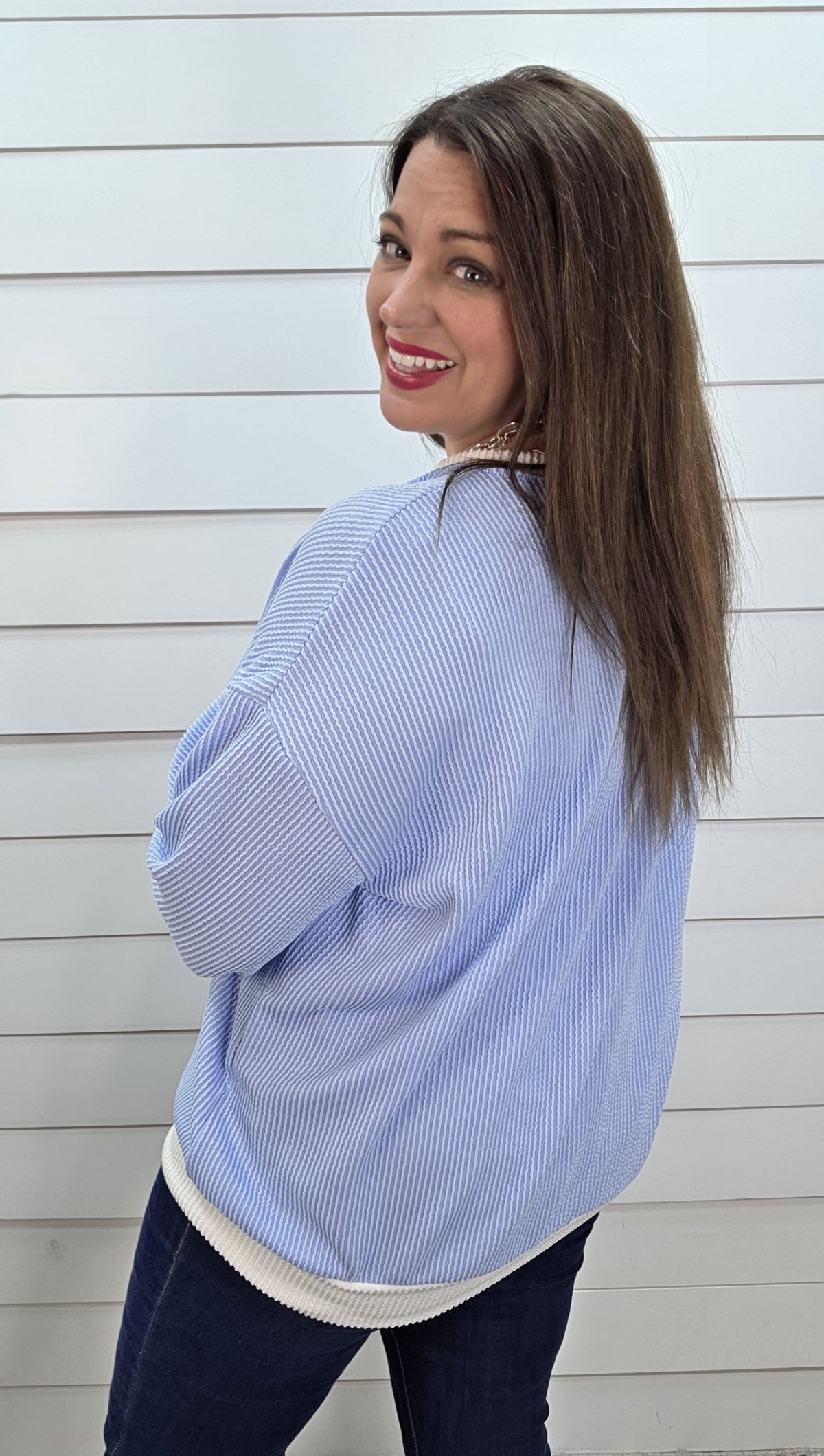 LIGHT BLUE RAISED RIBBED LONG SLEEVE KNIT TOP