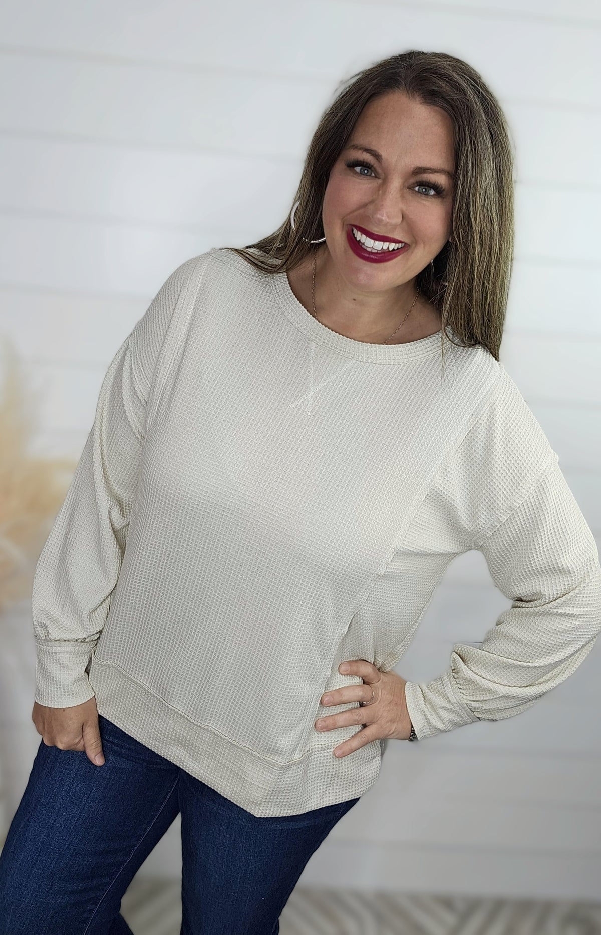 OATMEAL WAFFLE TEXTURE LONG SLEEVE TOP