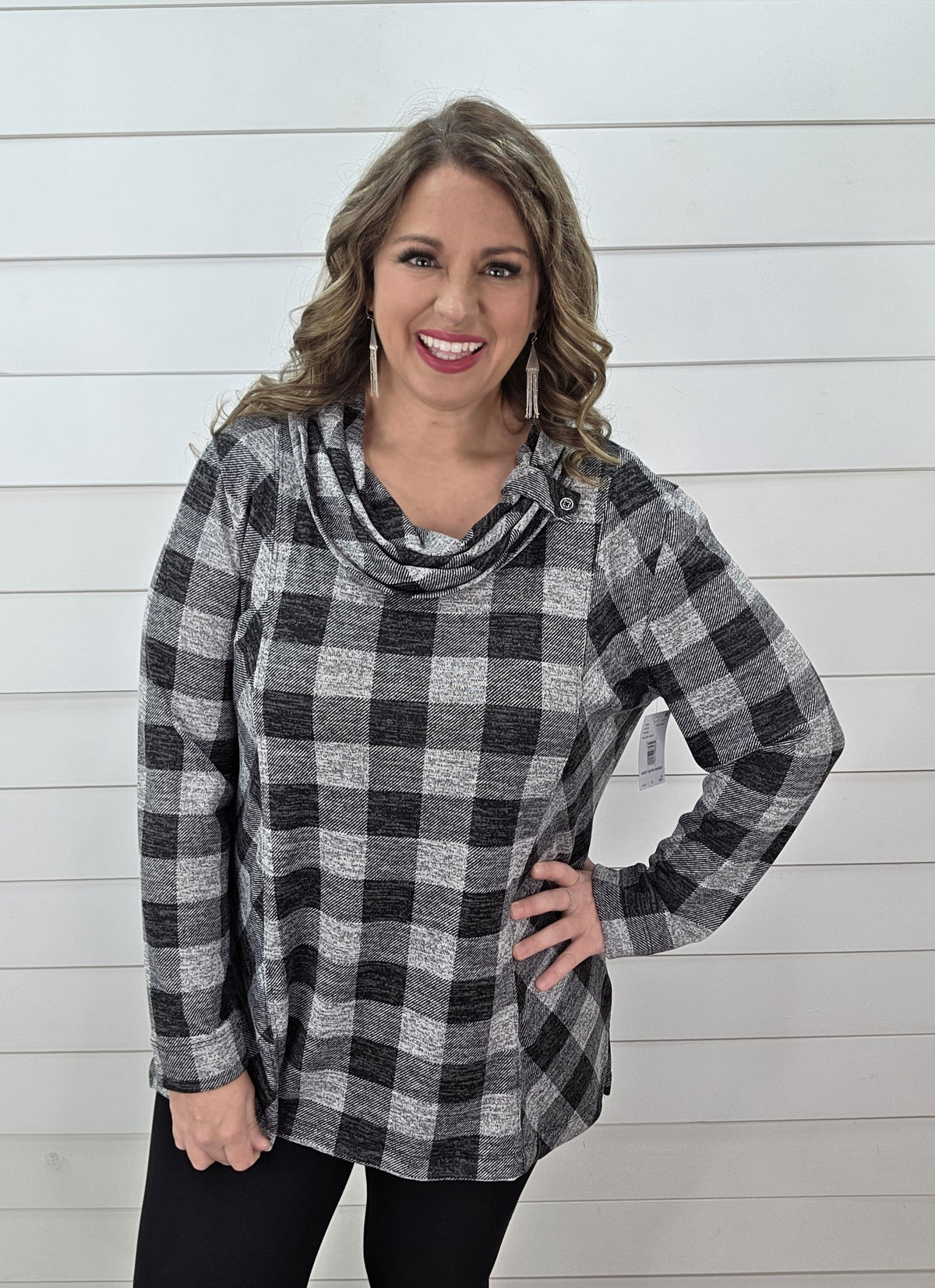 BLACK CHECK COWL NECK KNIT TUNIC