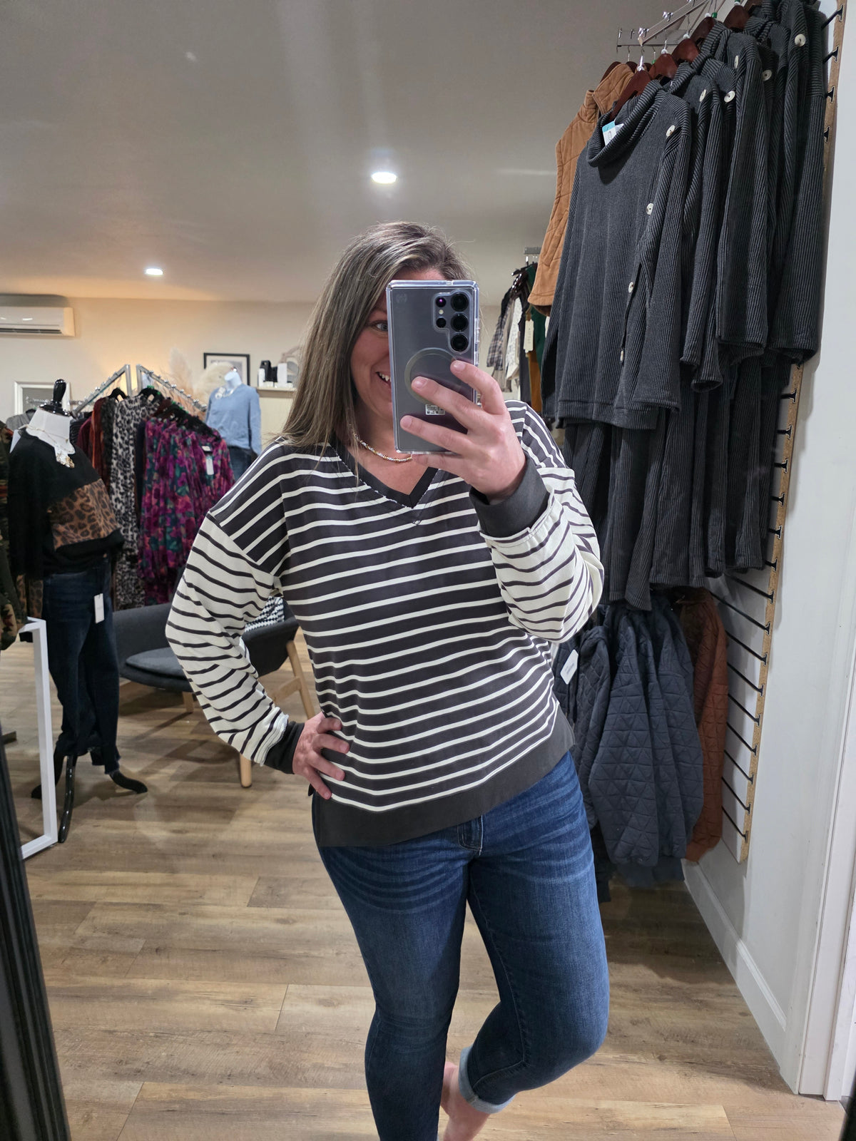 CHARCOAL DOUBLE V STRIPED FRENCH TERRY CONTRAST TOP