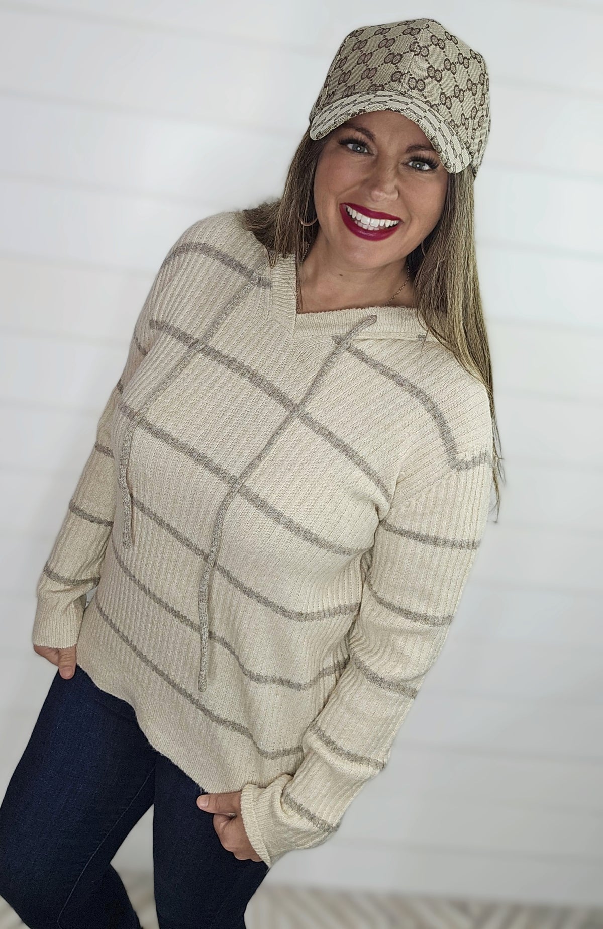 OATMEAL HOODED RIBBED STRIPED SWEATER PULLOVER