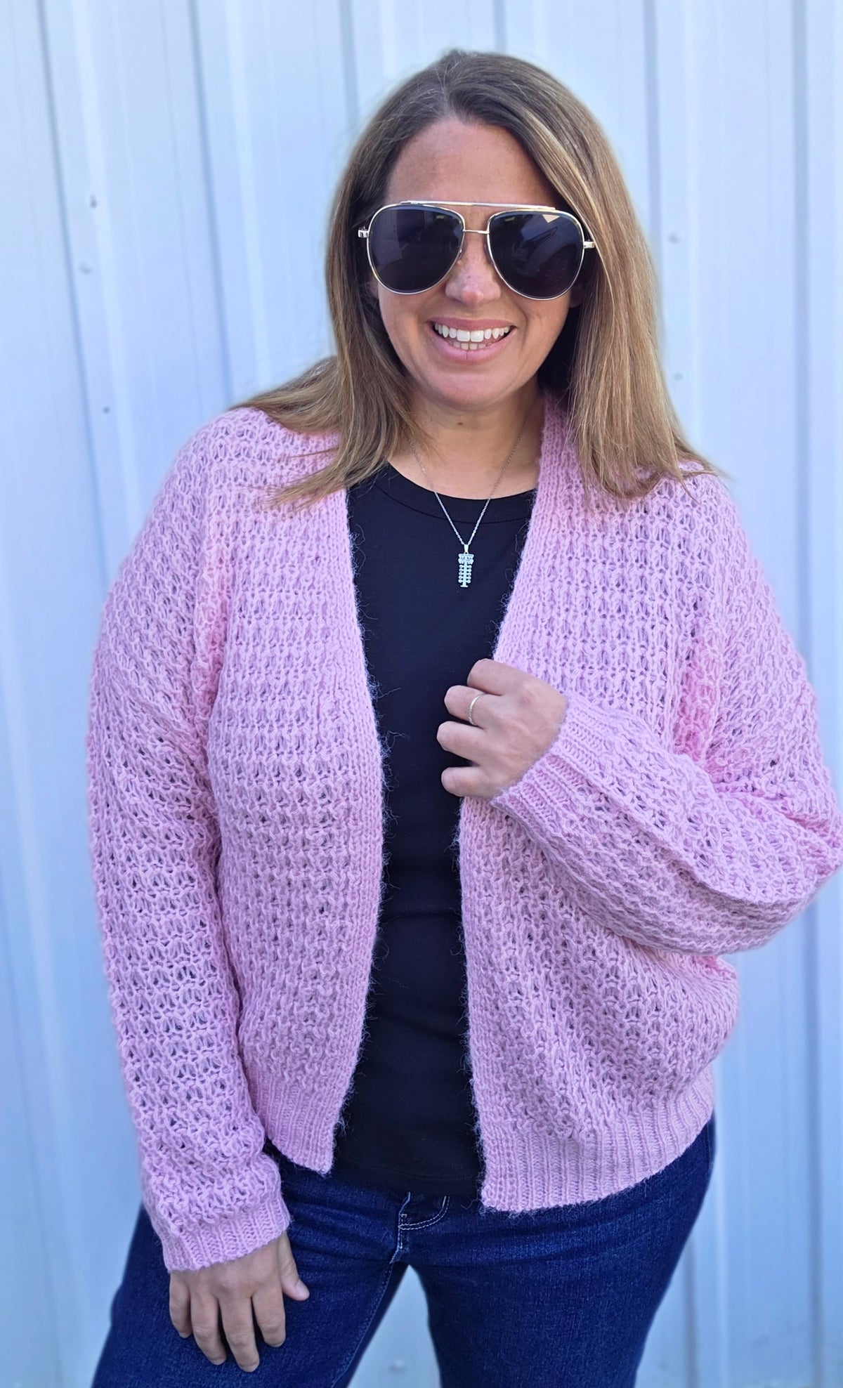 Pink Open Front, Long Sleeve, Open Weave Waffle Textured Cardigan