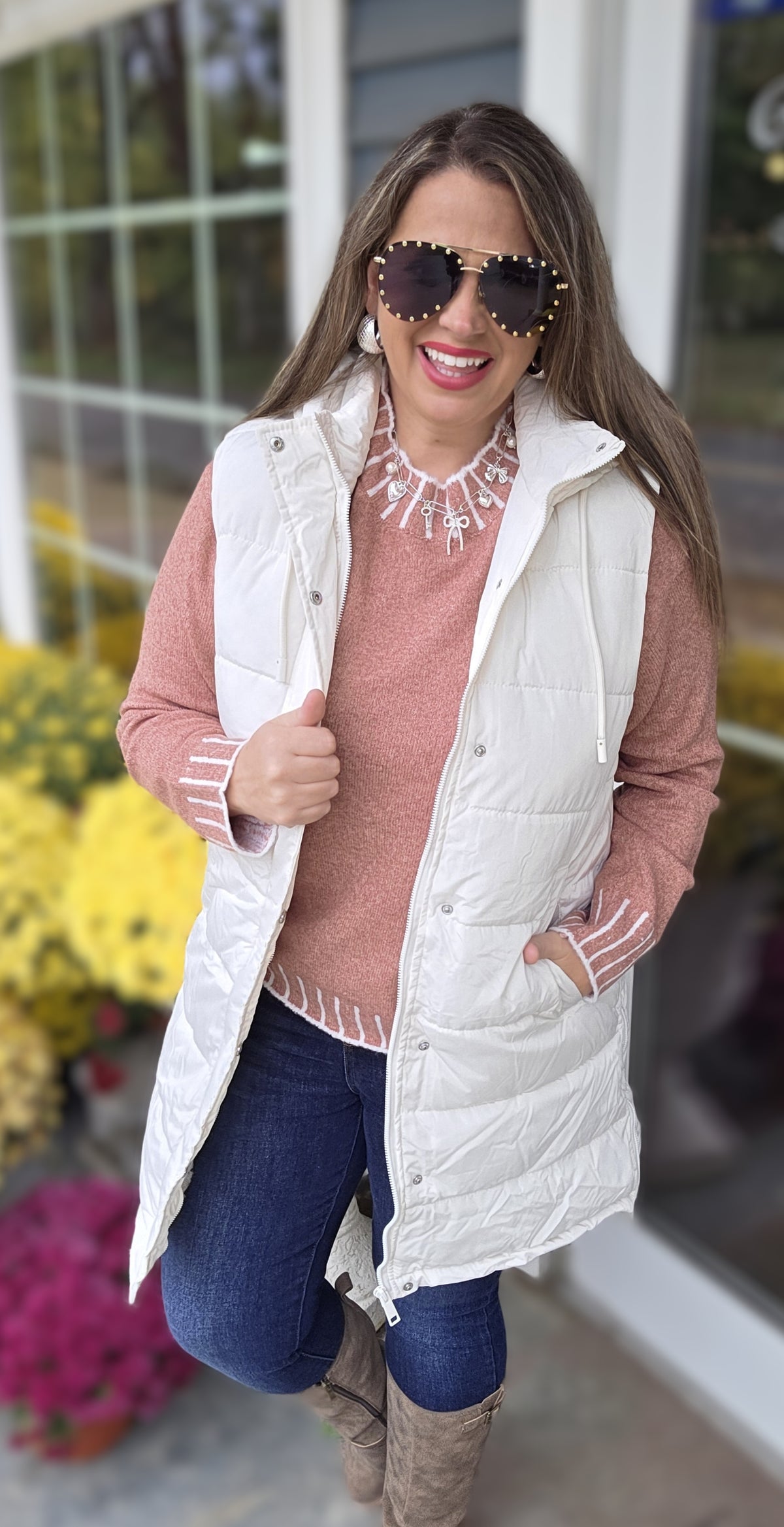 IVORY LONG PUFFER HOODED VEST