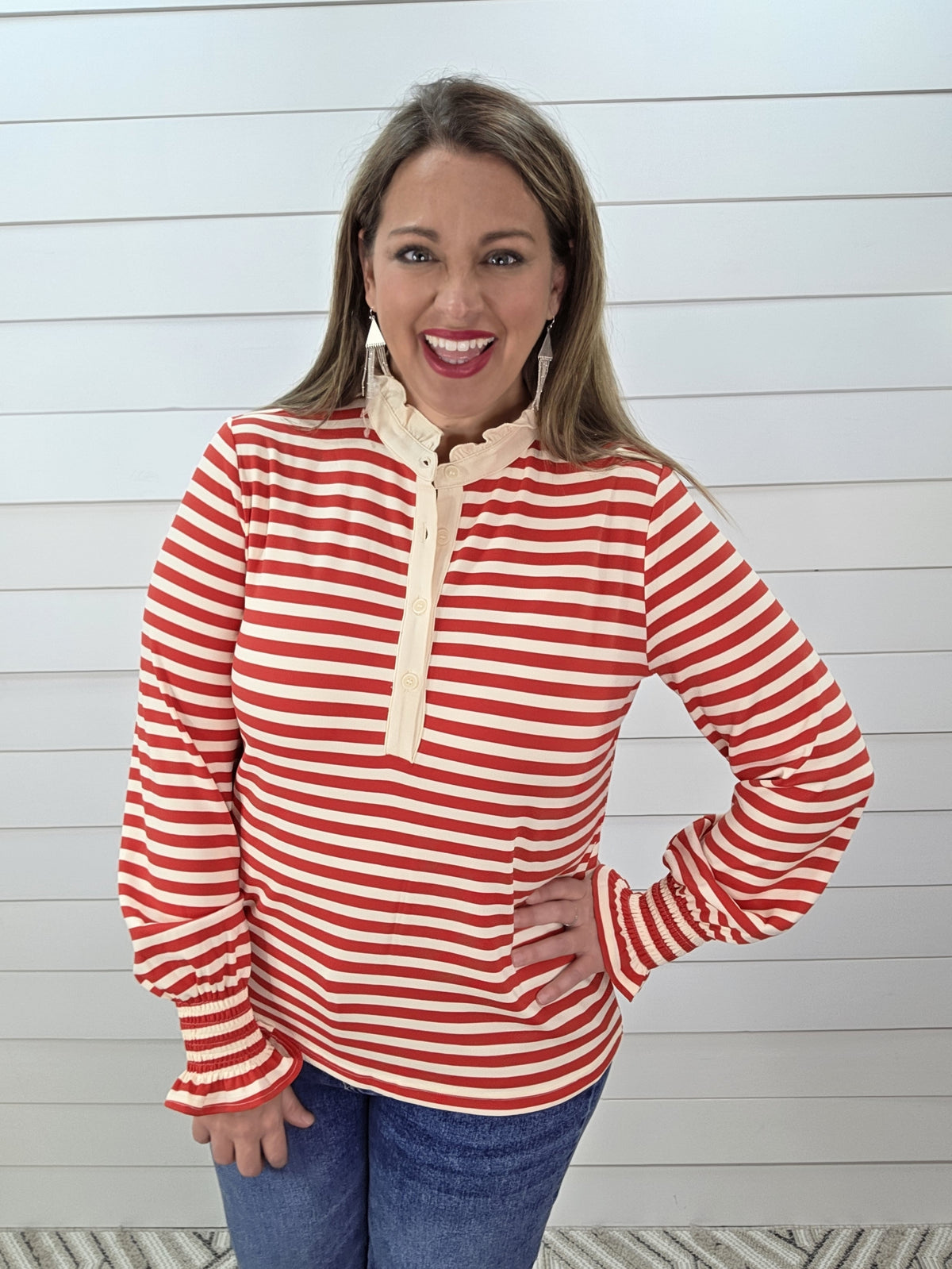 RED STRIPED HIGH NECK RUFFLE COLLAR TOP W/ SMOCKED SLEEVES