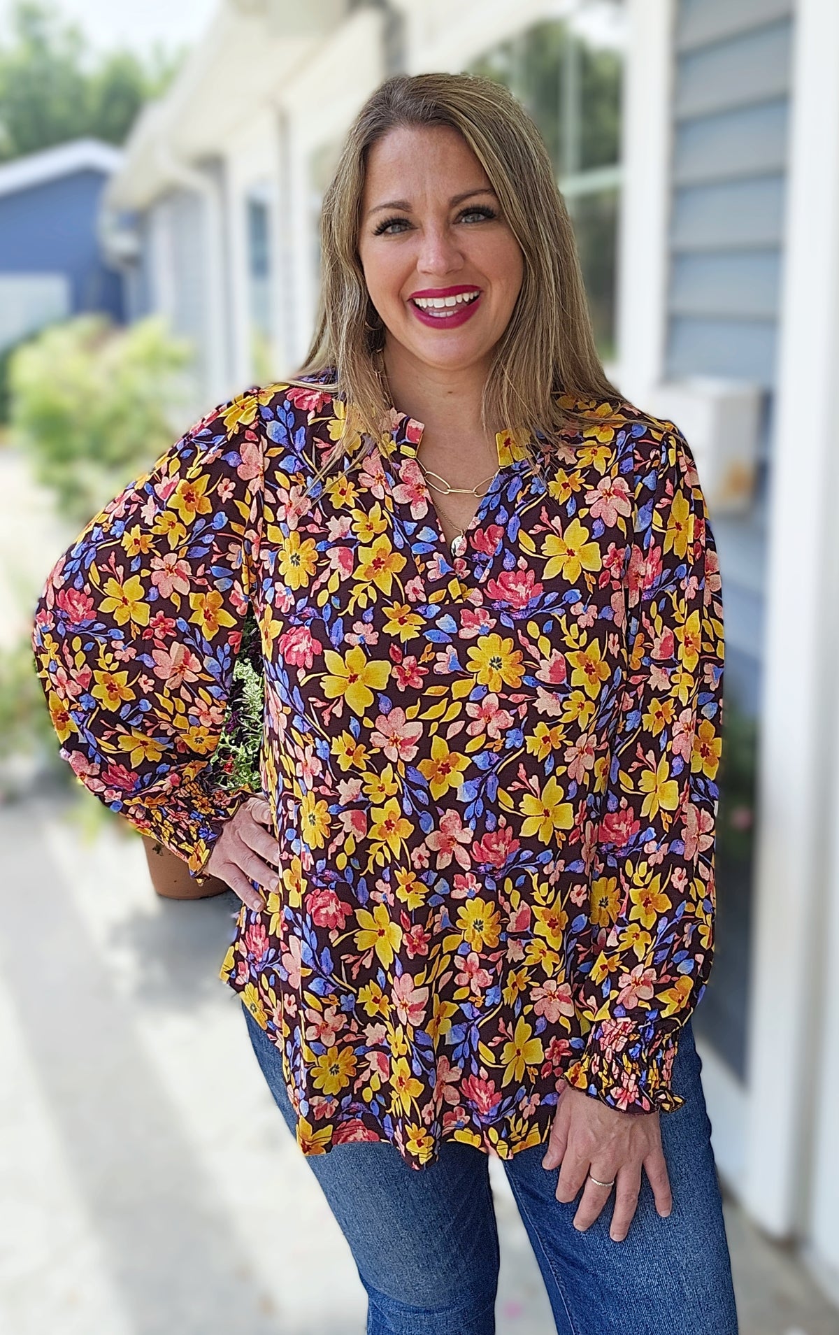 DEAR SCARLETT CHOCOLATE MULTI FLORAL LONG SLEEVE SMOCKED LIZZY