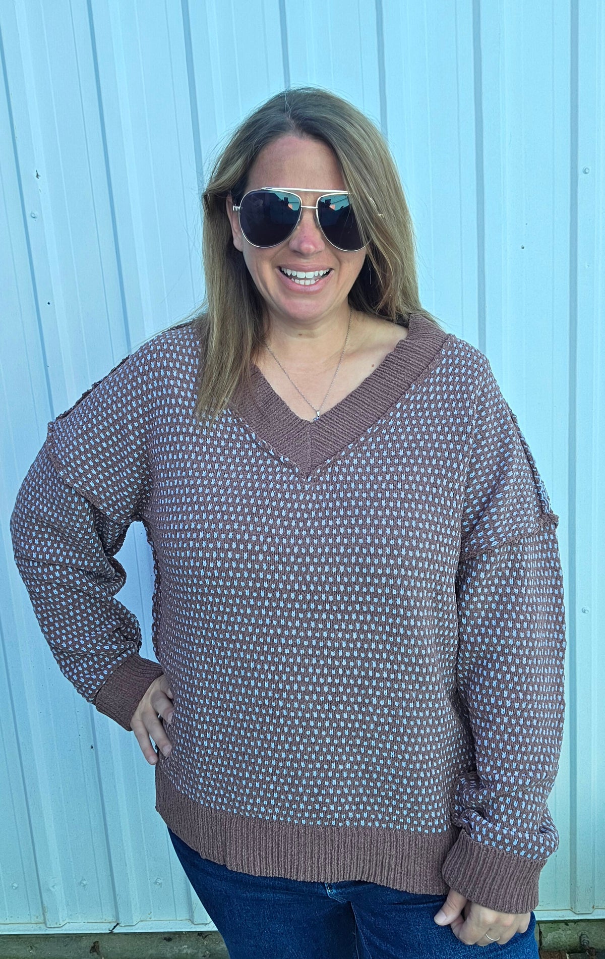 Chocolate/Blue V Neck Plush Sweater