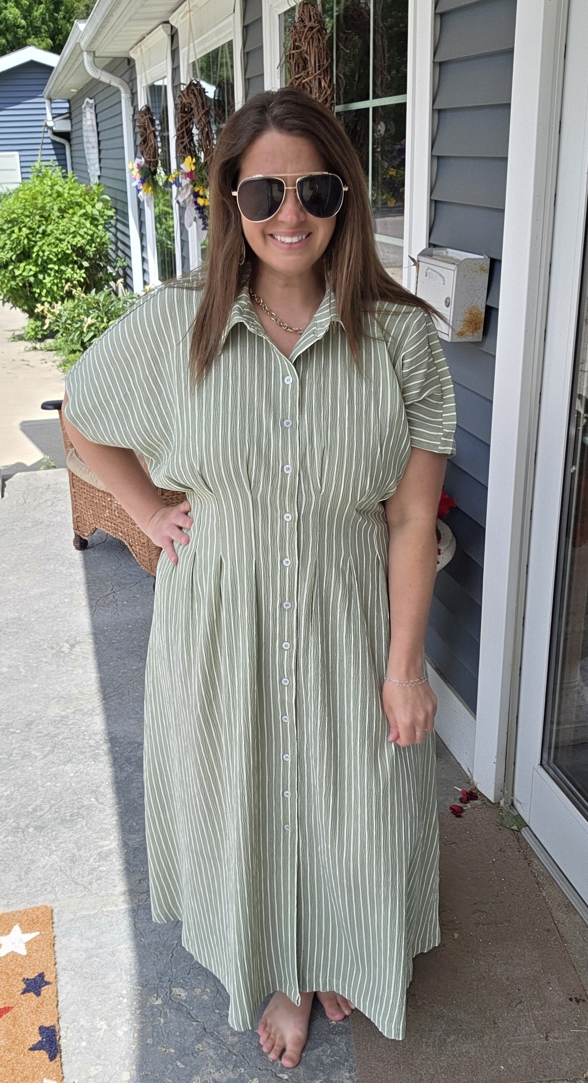 SAGE STRIPED BUTTON DOWN DRESS PLEATED WITH SIDE POCKETS
