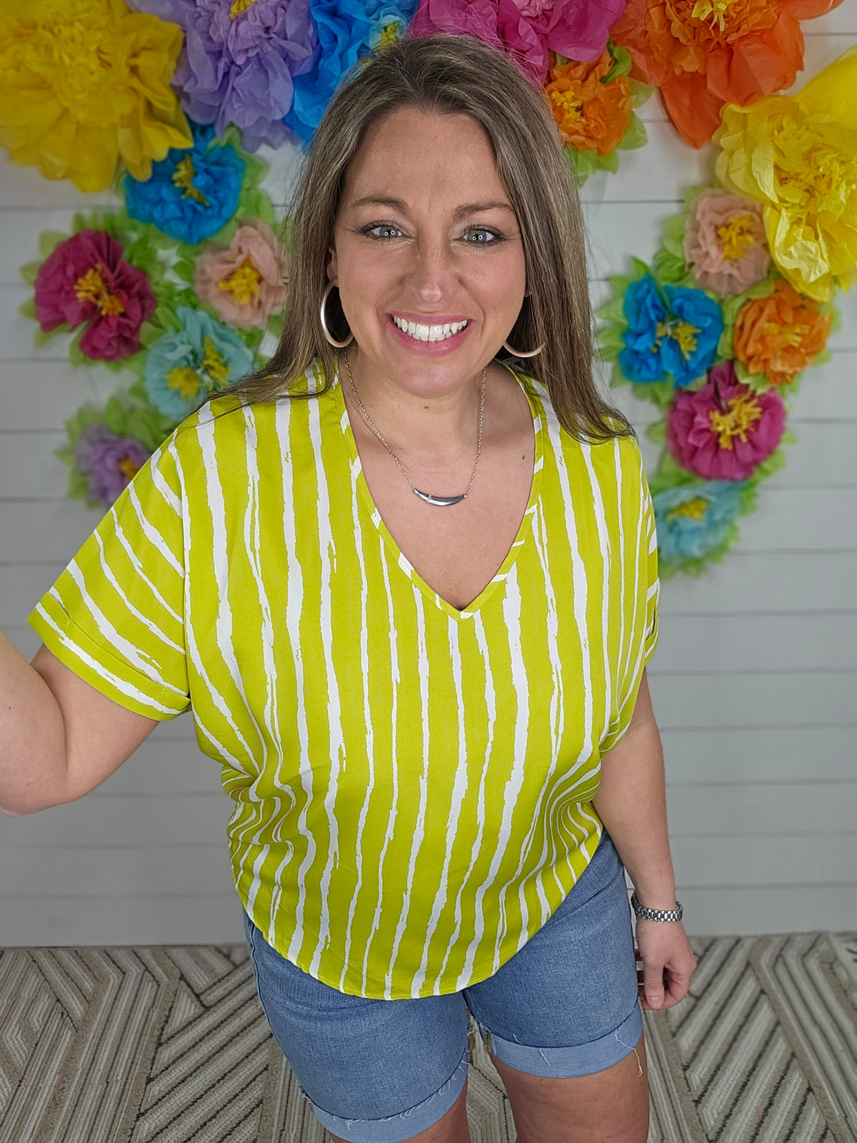 LIME VERTICAL STRIPE V NECK WOVEN TOP