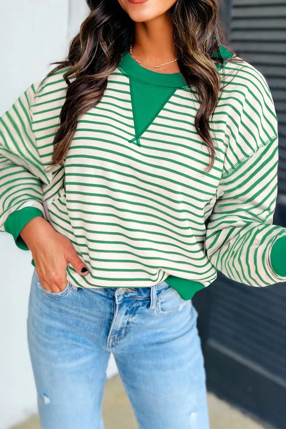 GREEN/OFFWHITE STRIPED KNIT TOP
