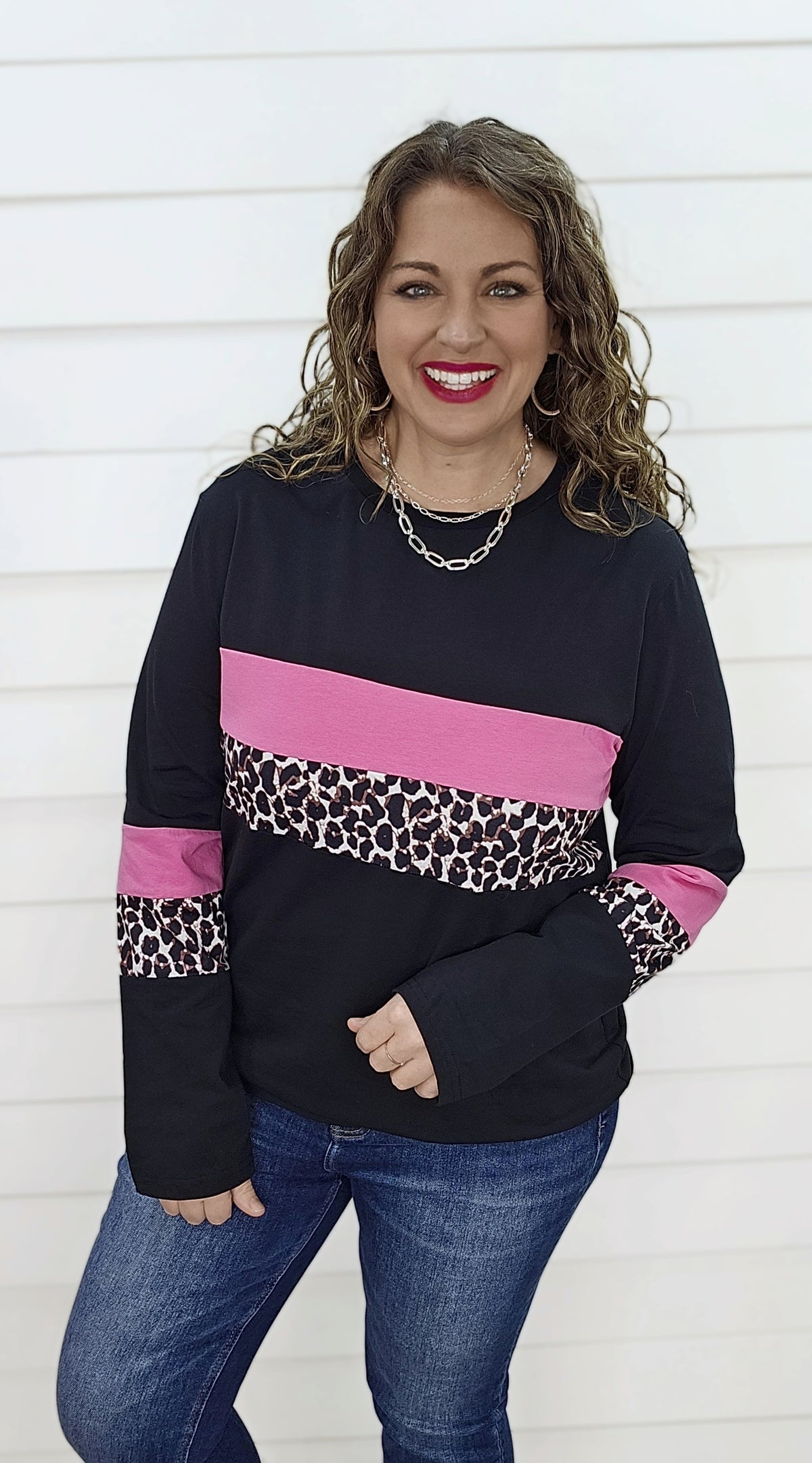 BLACK/PINK/LEOPARD COLORBLOCK TOP