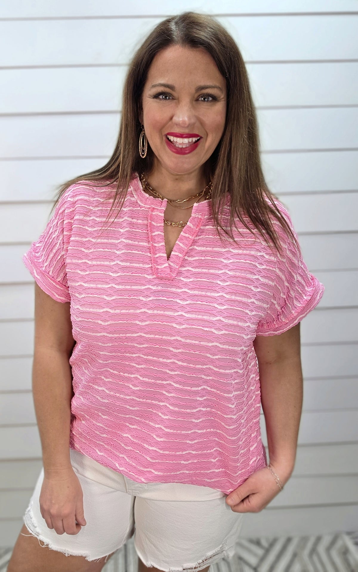 PINK/WHITE STRIPED TEXTURED V NECK KNIT TOP