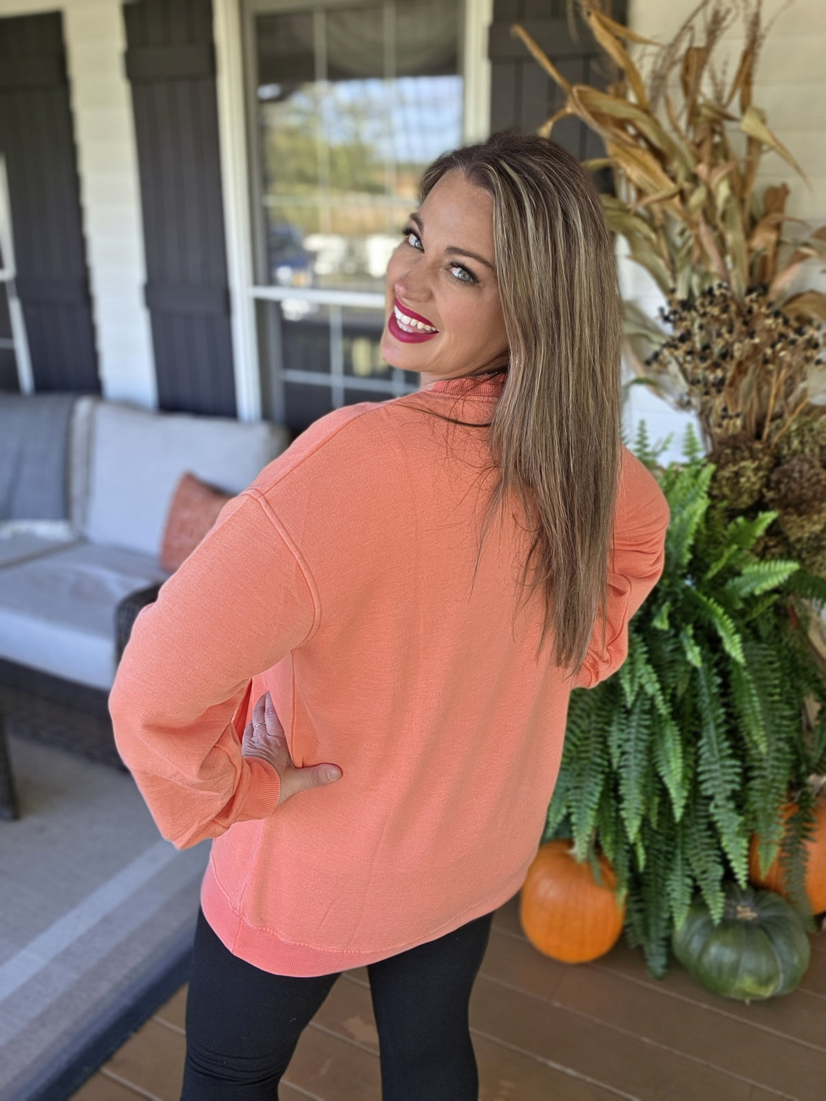 HOT CORAL MINERAL WASH PULLOVER W/ KANGAROO POCKET