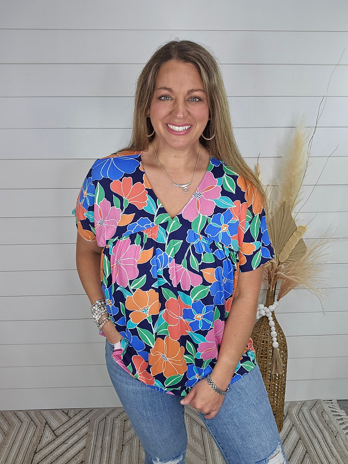 NAVY/ORANGE/BLUE FLORAL V NECK DOLMAN TOP