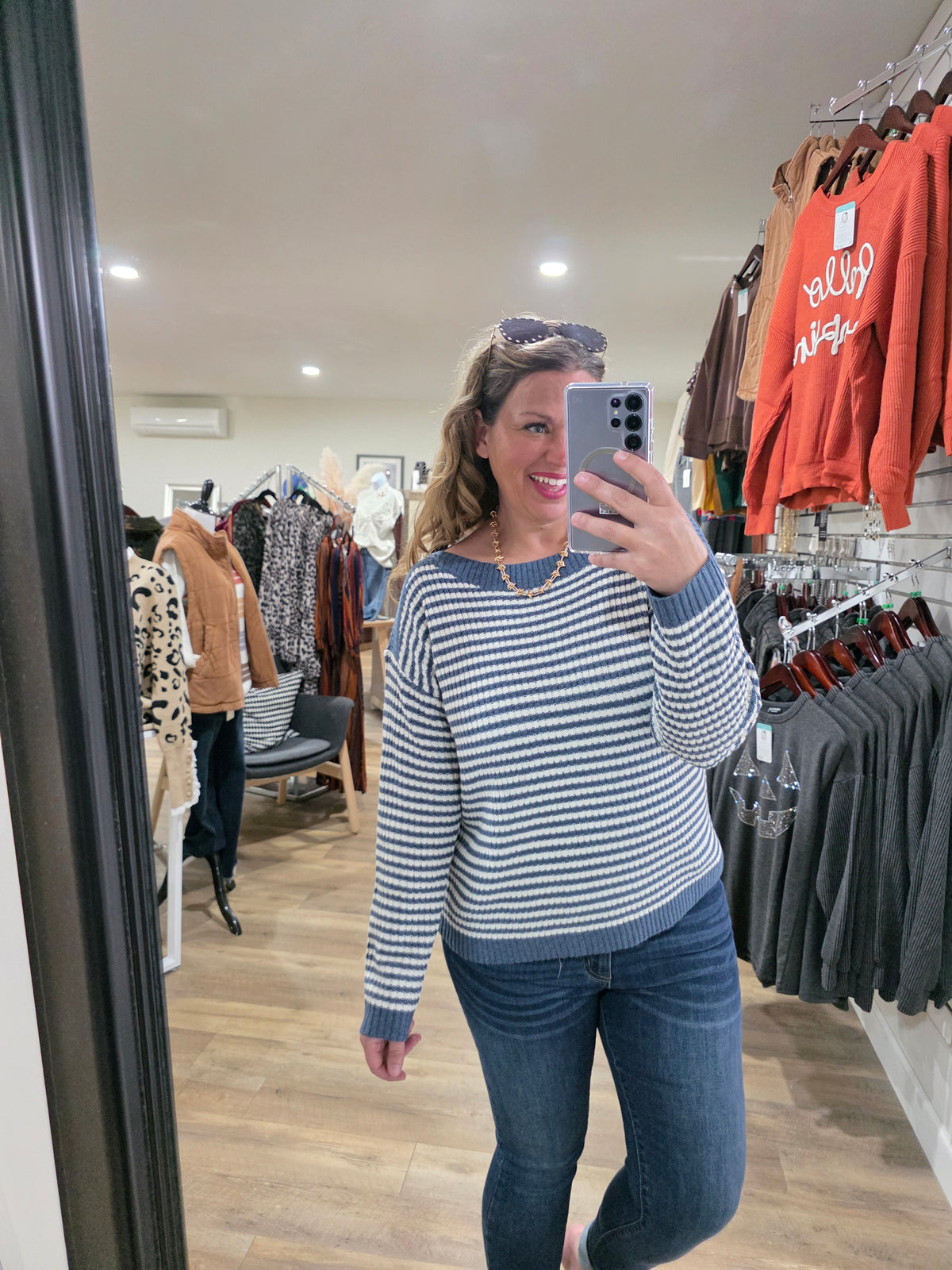 DENIM STRIPED BOAT NECK PULLOVER SWEATER