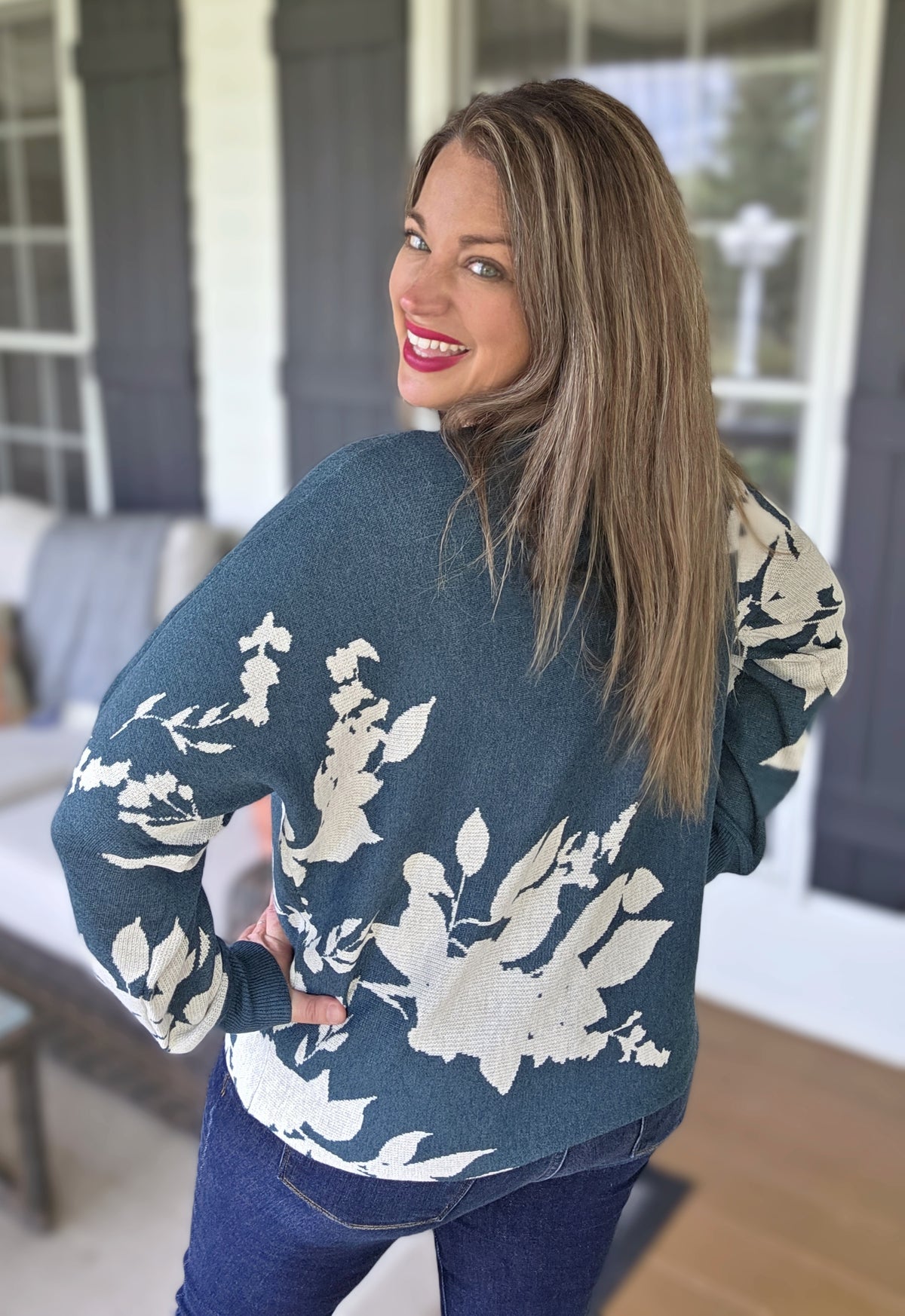 TEAL FLORAL JACQUARD DOLMAN KNIT SWEATER