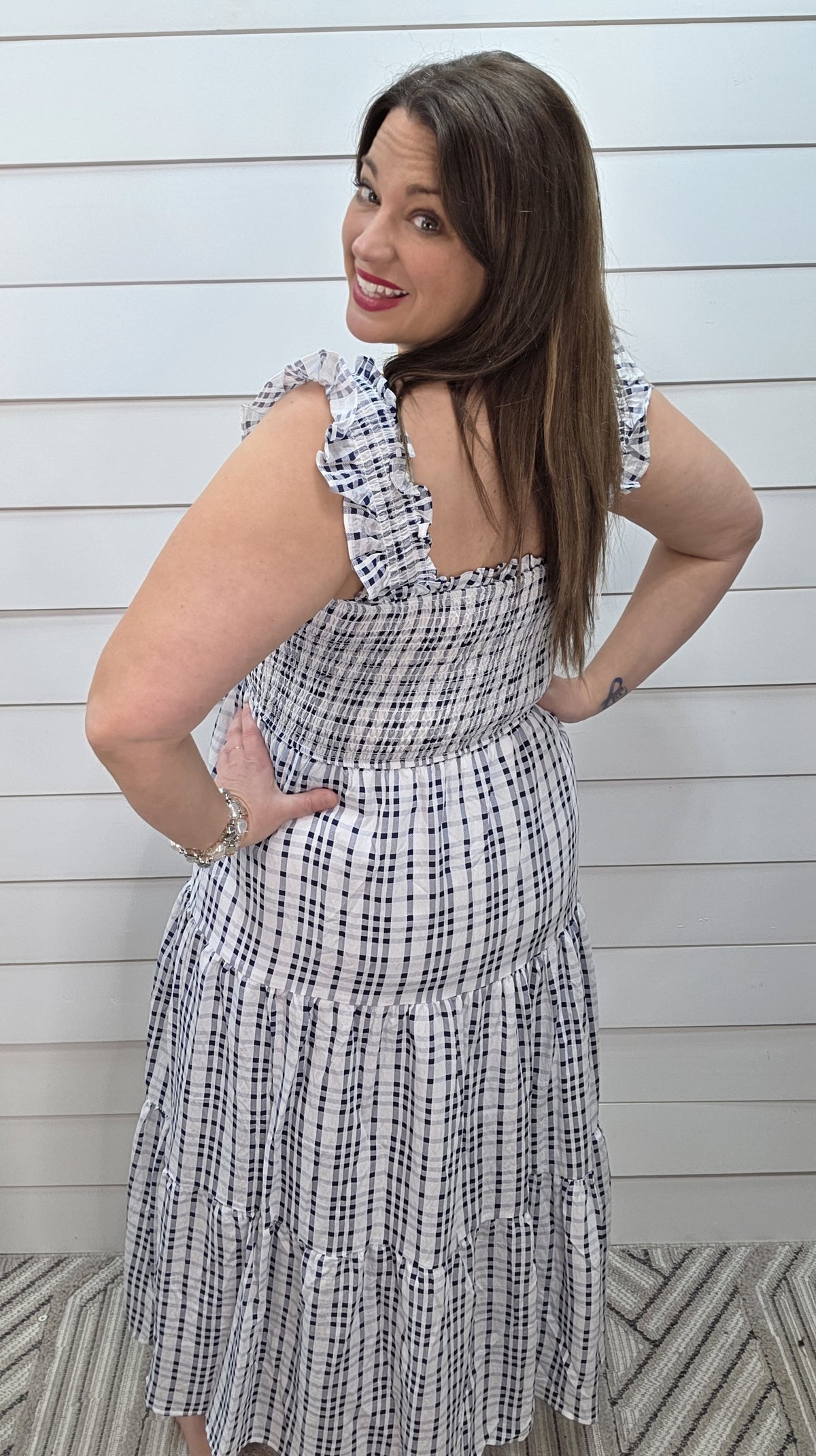 NAVY/WHITE PLAID SMOCKED MIDI DRESS W/ RUFFLE STRAP