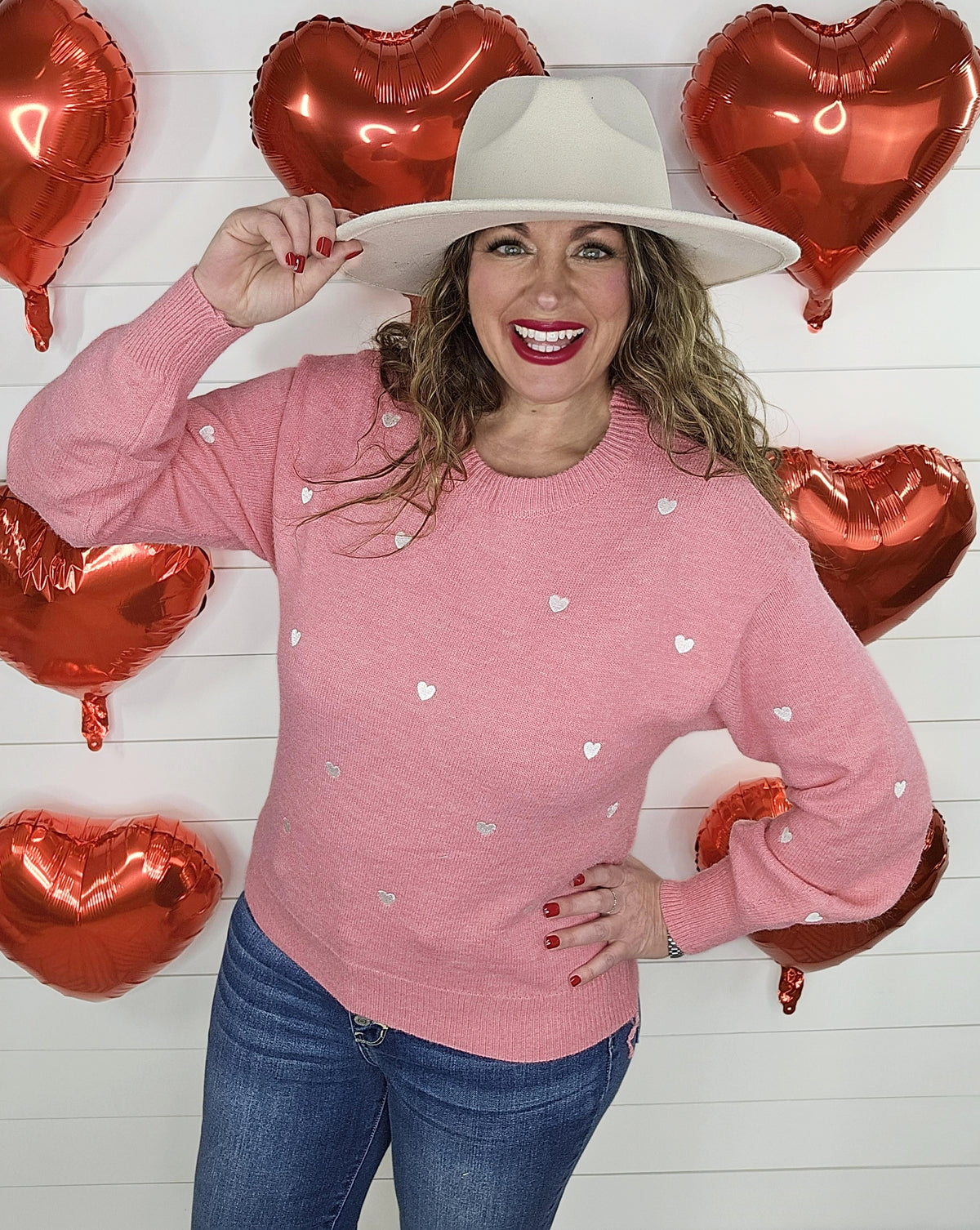 PINK/WHITE HEART EMBROIDERED SWEATER