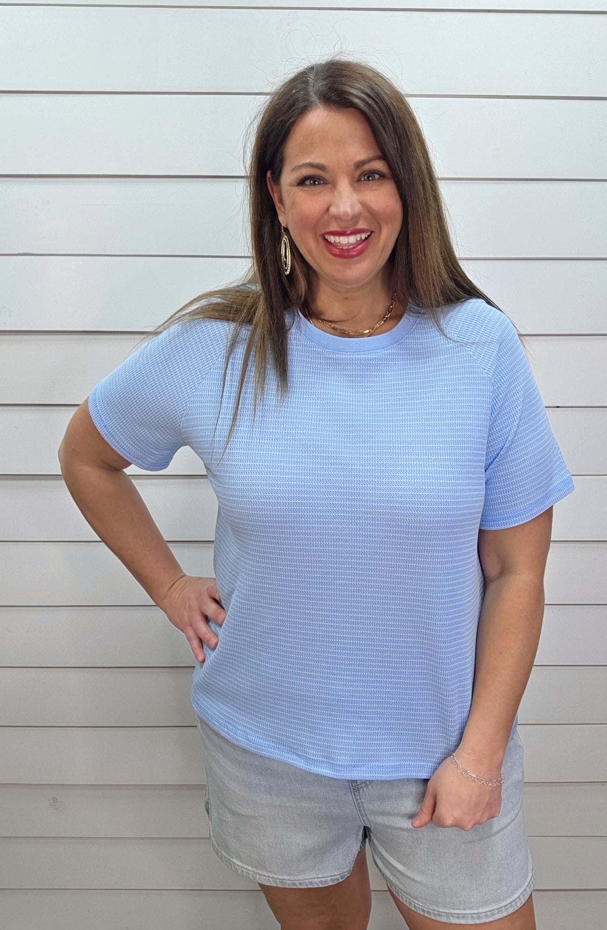 BABY BLUE STRIPED TEXTURED KNIT TOP
